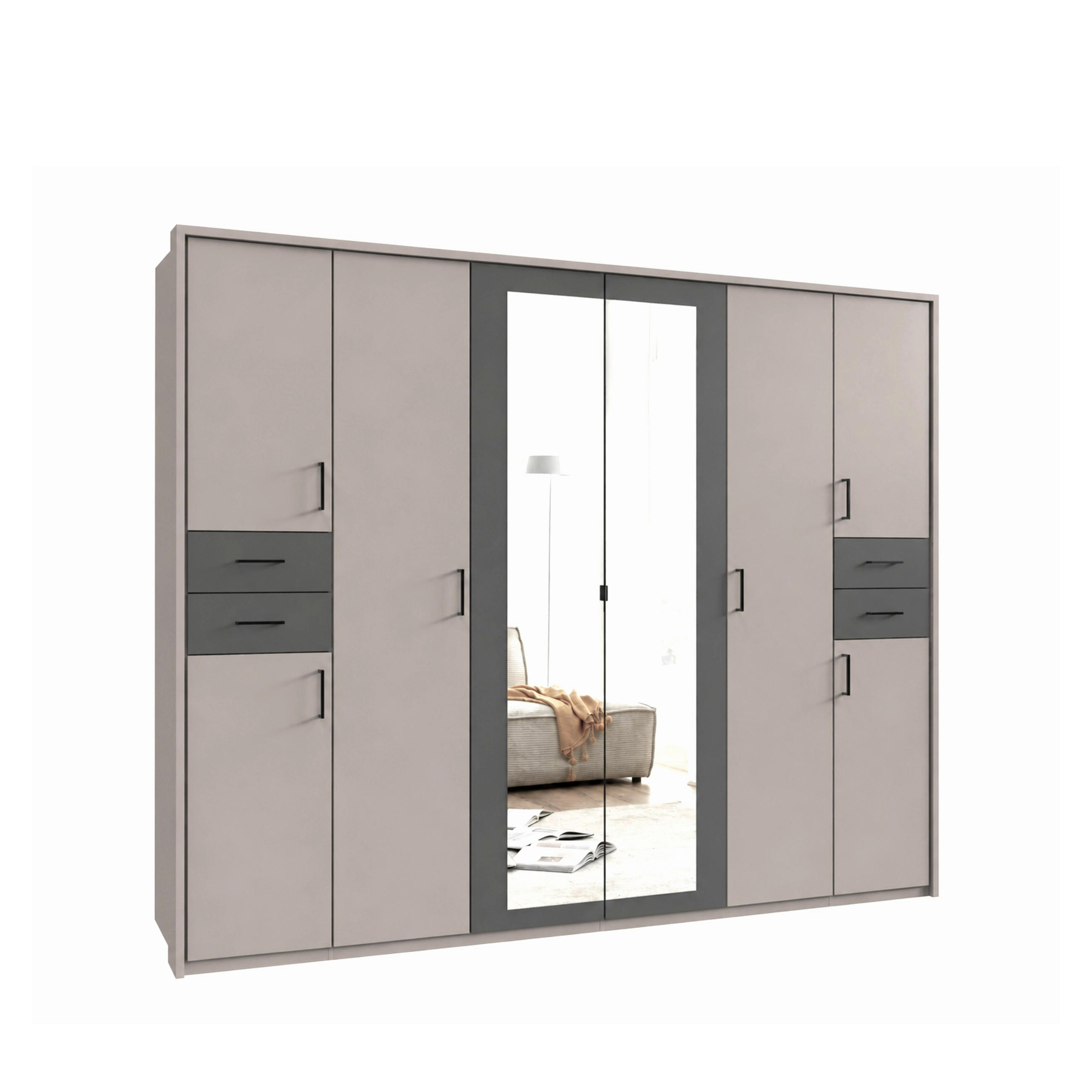 DREHTÜRENSCHRANK Kleiderschrank 273 cm mit Schubkästen & Passepartout & 2 Spiegeltüren, Sand Grau mit Absetzungen in Grafit, Griffe schwarz / 22579 - Sandfarben/Graphitfarben, Holzwerkstoff/Kunststoff (273/210/58cm) - luma-home