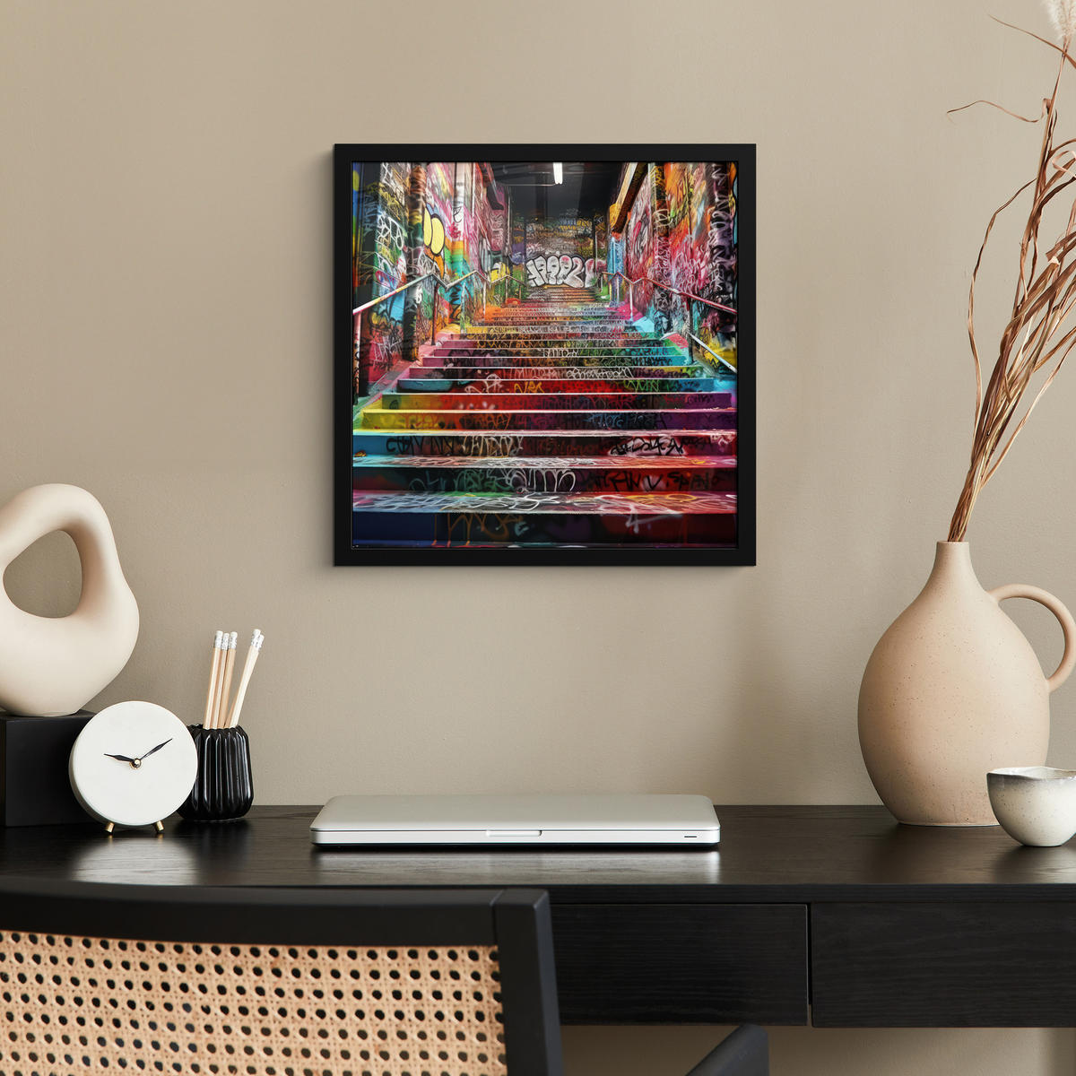 POSTER MIT RAHMEN Treppe - Graffiti - Farben - Kunst 40x40 cm - Multicolor, Papier (40/40cm) - MuchoWow