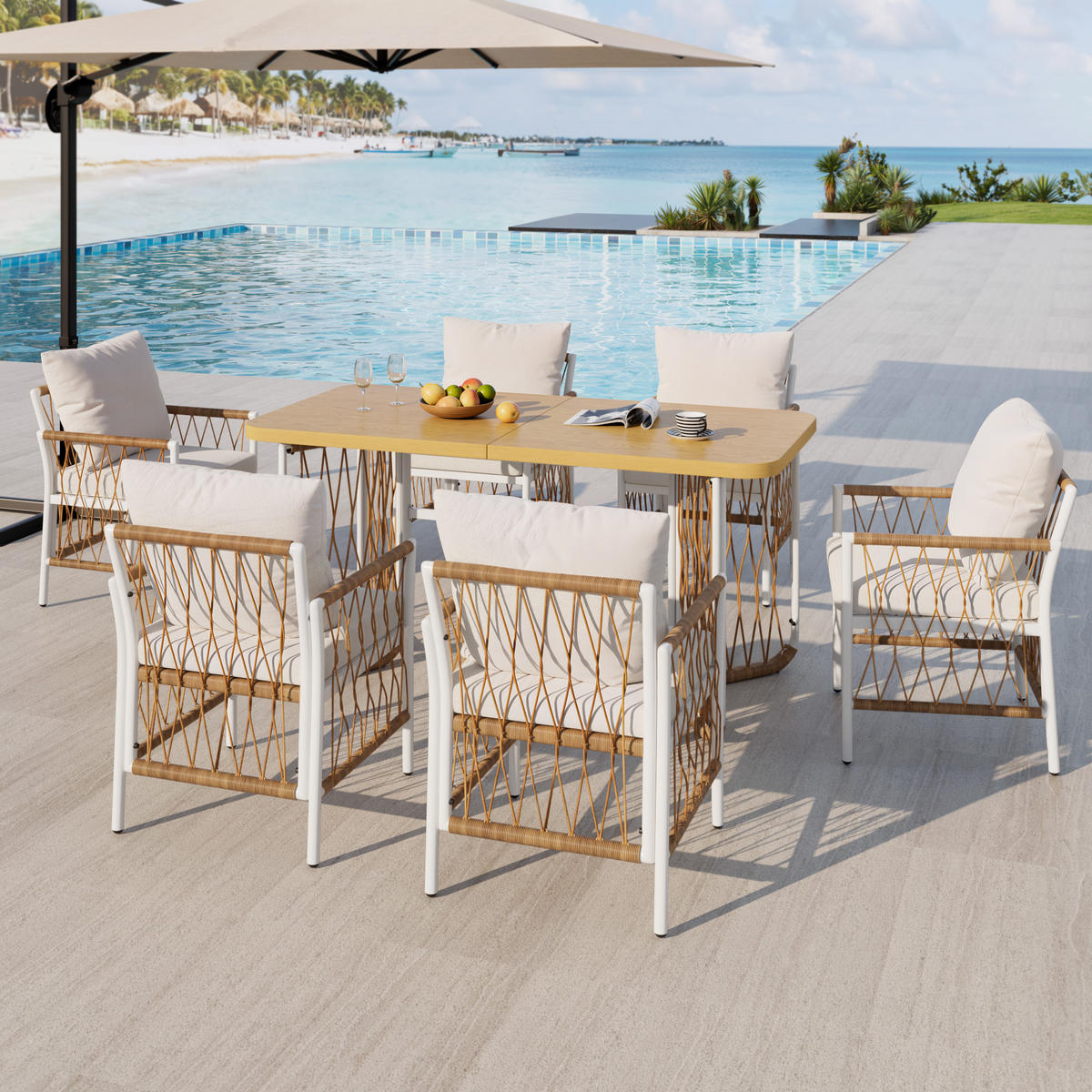 GARTENSETS aus Eisen & Polyester 159,5x77,5x75 cm Beige mit 1 Tisch & 6 Stühlen - Beige, Metall - Modfu