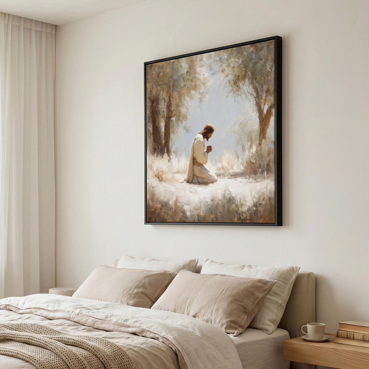 LEINWAND Bilder mit Rahmen - Jesus - Kniend - Waldlandschaft - Betend - 90x90 - Beige, Textil (90/90cm) - MuchoWow