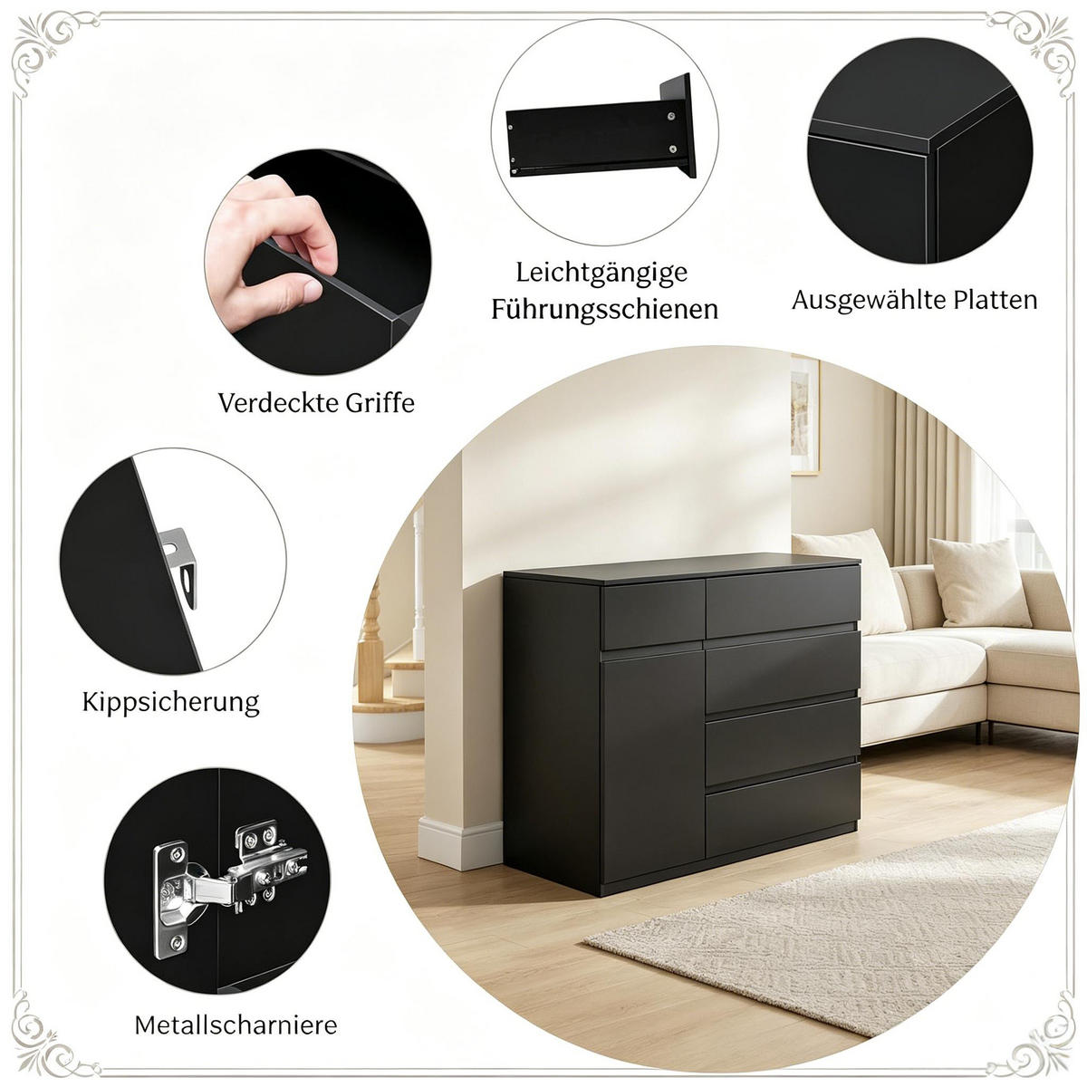KOMMODE Schwarz 100/40/80 cm - Schwarz, Holzwerkstoff (100/80/40cm) - PANGIVO