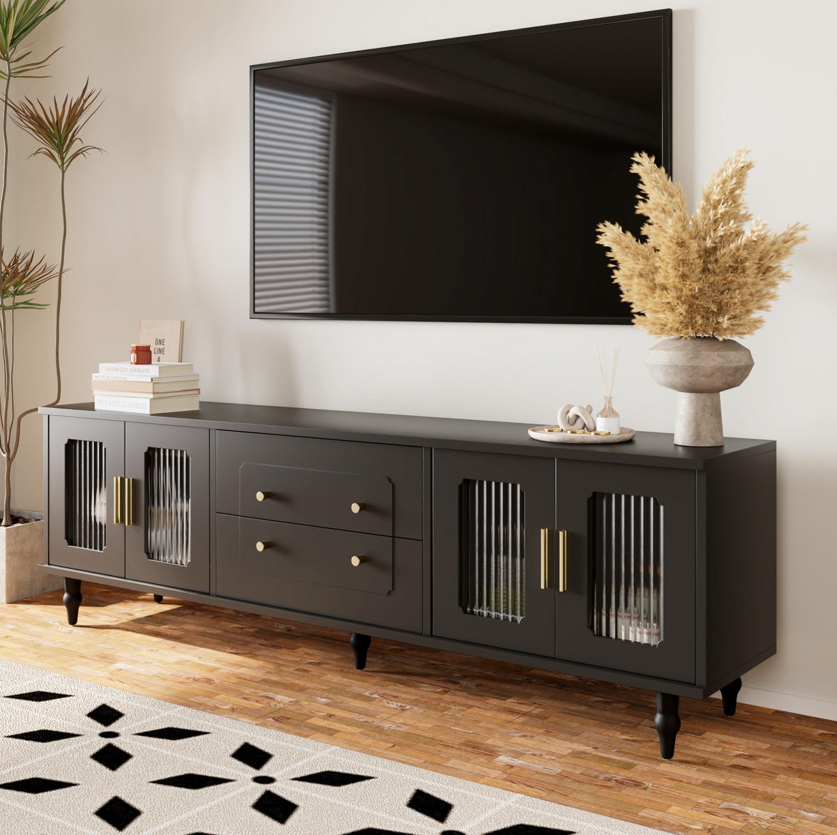 TV-SCHRANK in Schwarz mit geriffeltem Glas und Push-to-Open Funktion 175/38/55.5 cm - Schwarz, Holzwerkstoff (177/55.5/38cm) - Redom