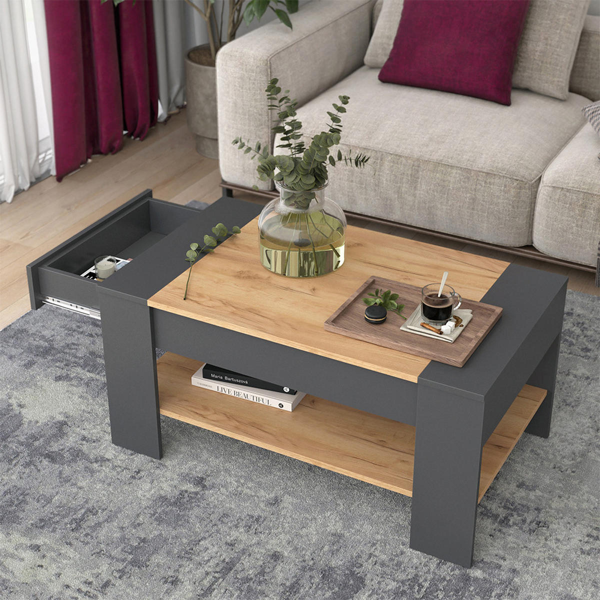 COUCHTISCH August Goldkraft Eiche/Anthrazit 99.6 x 58.8 cm mit Schublade - Anthrazit/Eiche Wotan, Holzwerkstoff (58.8/99.6/48.2cm) - Vicco