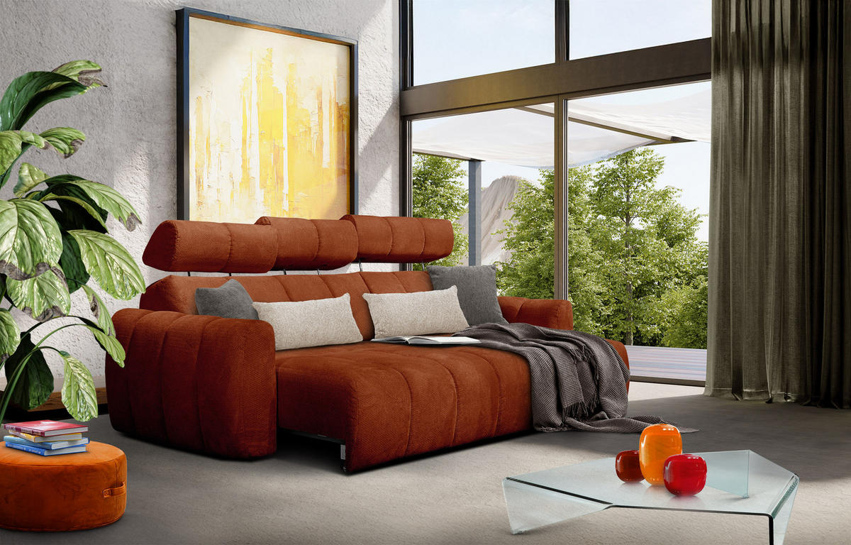 ECKSOFA KIMI 3-Sitzer, ausziehbarer Sitz, verstellbare Kopfstützen, rot - Rot/Schwarz, Holzwerkstoff/Textil (270/160cm) - Courtois Laville