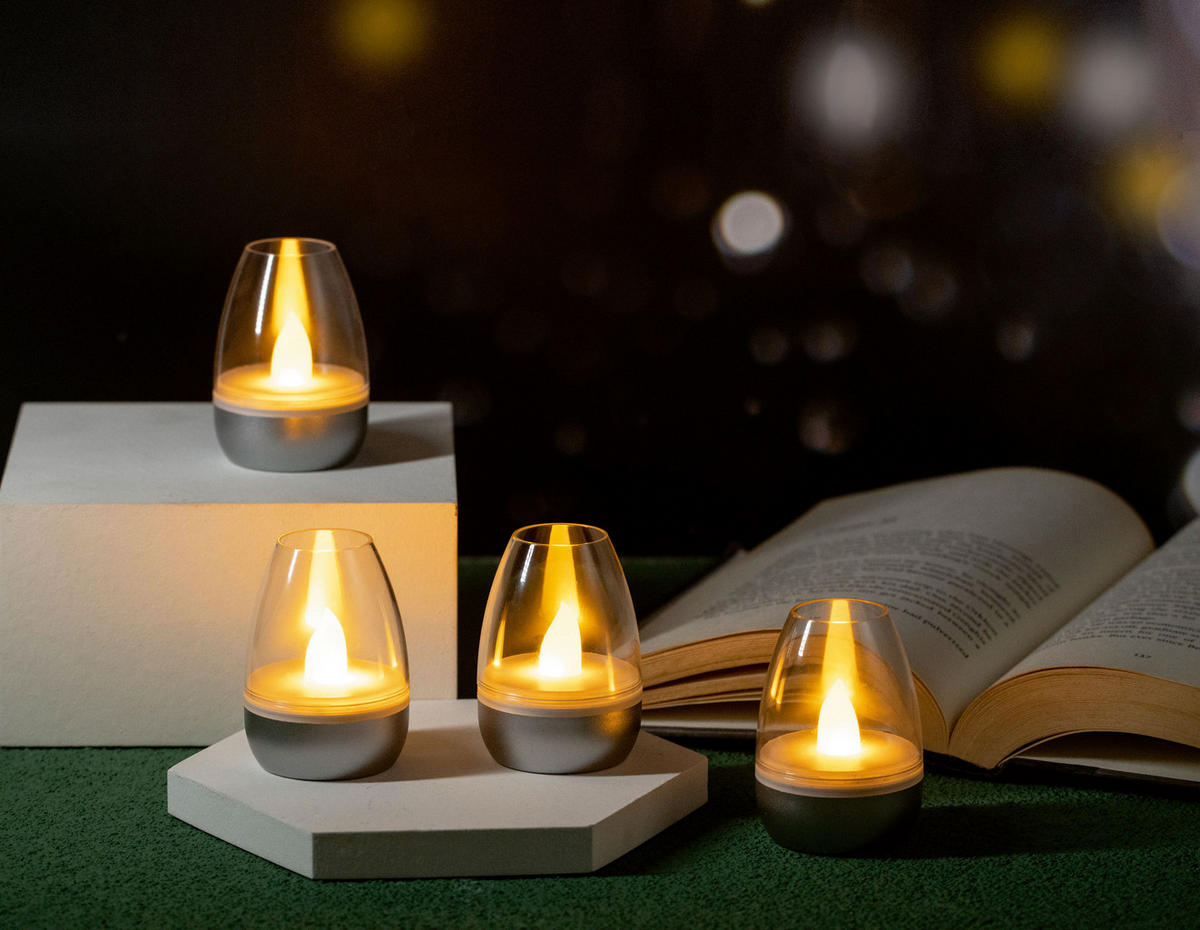 LED-AKKU-LOUNGE-LICHTER 4er-Set mit Touchsensor Kabellos für Innen und Außen RGBW Flackereffekt Silber Transparent- - Silberfarben, Kunststoff (5/5/7cm) - Northpoint