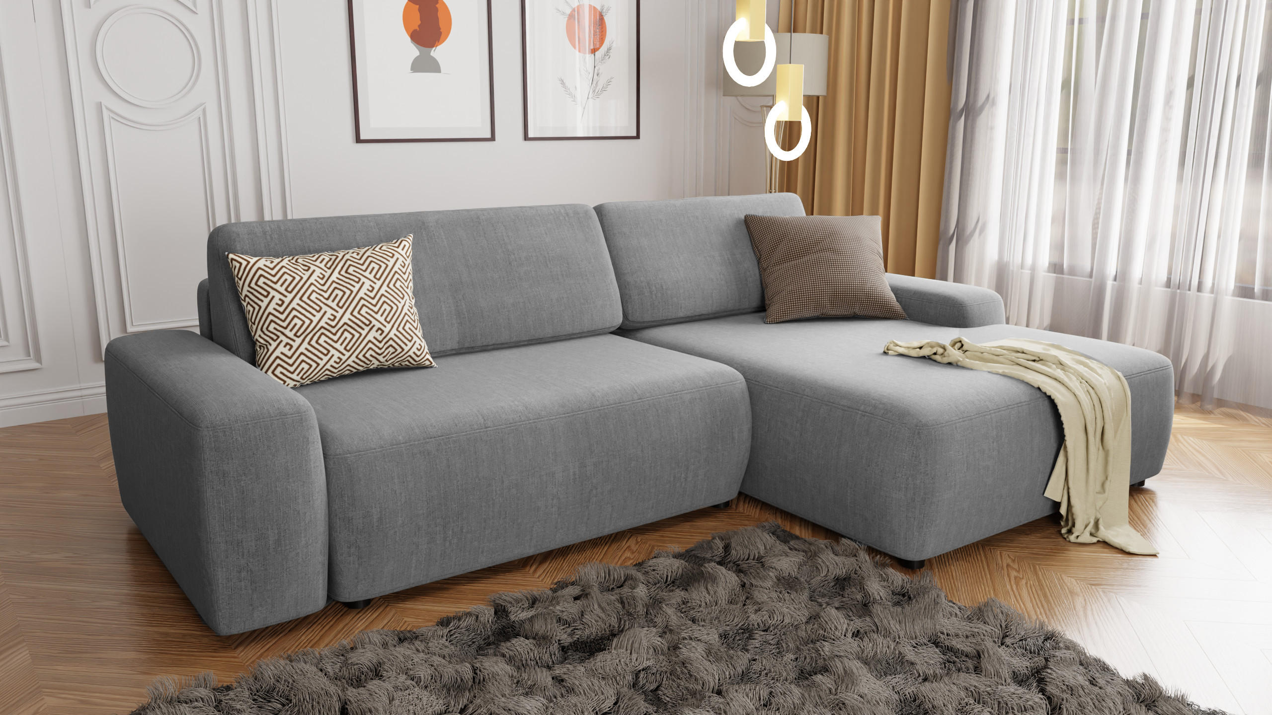 ECKSOFA Lopez Hellgrau Samt-Stoff - Hellgrau/Schwarz, Holz/Kunststoff (264/162cm) - S-Style Möbel