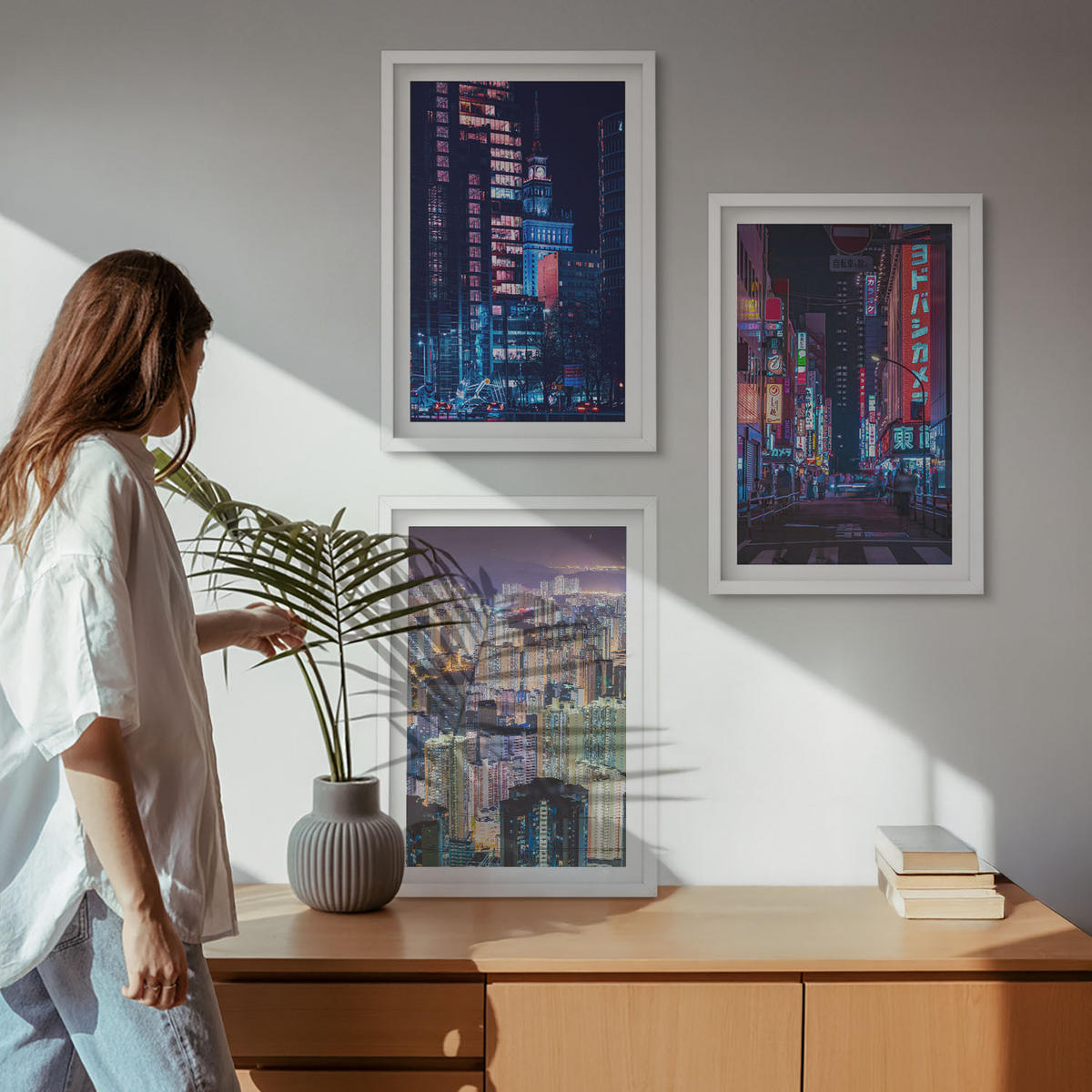 WANDBILDER 3er-Set - 40x60 cm Weißer Rahmen - Neonlichter der nächtlichen Stadt - Weiß, Kunststoff (40/60cm) - ArtPrintCave