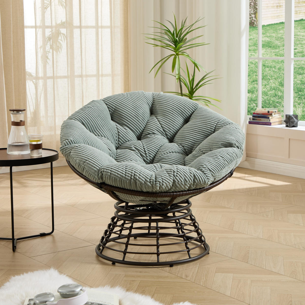 GARTEN-RELAXSESSEL Papasansessel, 360° drehbar,Rattan,Cord, Hellgrün - Hellgrün, Textil (60/67/92cm) - LVHOM