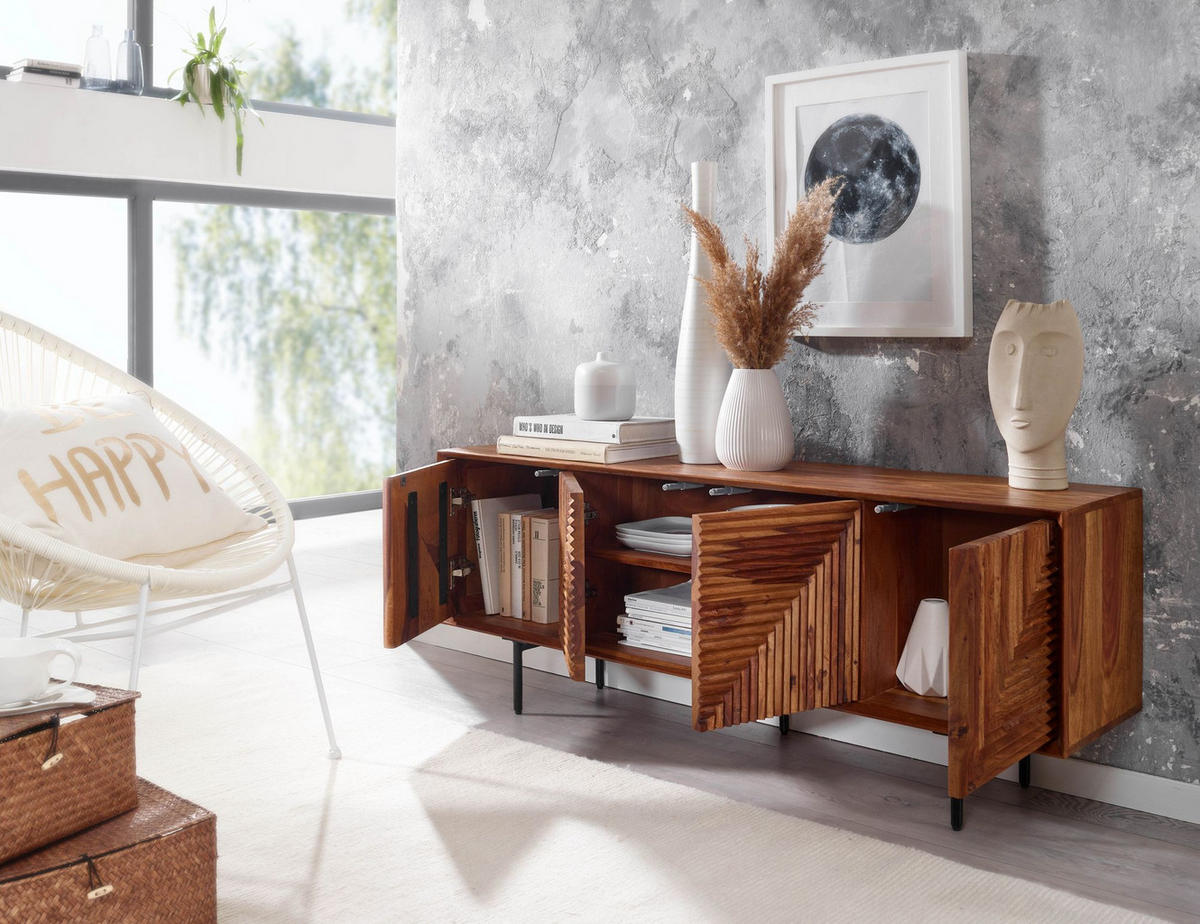LOWBOARD Massivholz Modern Stil Modell Spectrum mit 3D-Oberfläche und Edelstahl-Gestell - Schwarz/Braun, Holz/Metall (140/54/33cm) - KADIMA DESIGN