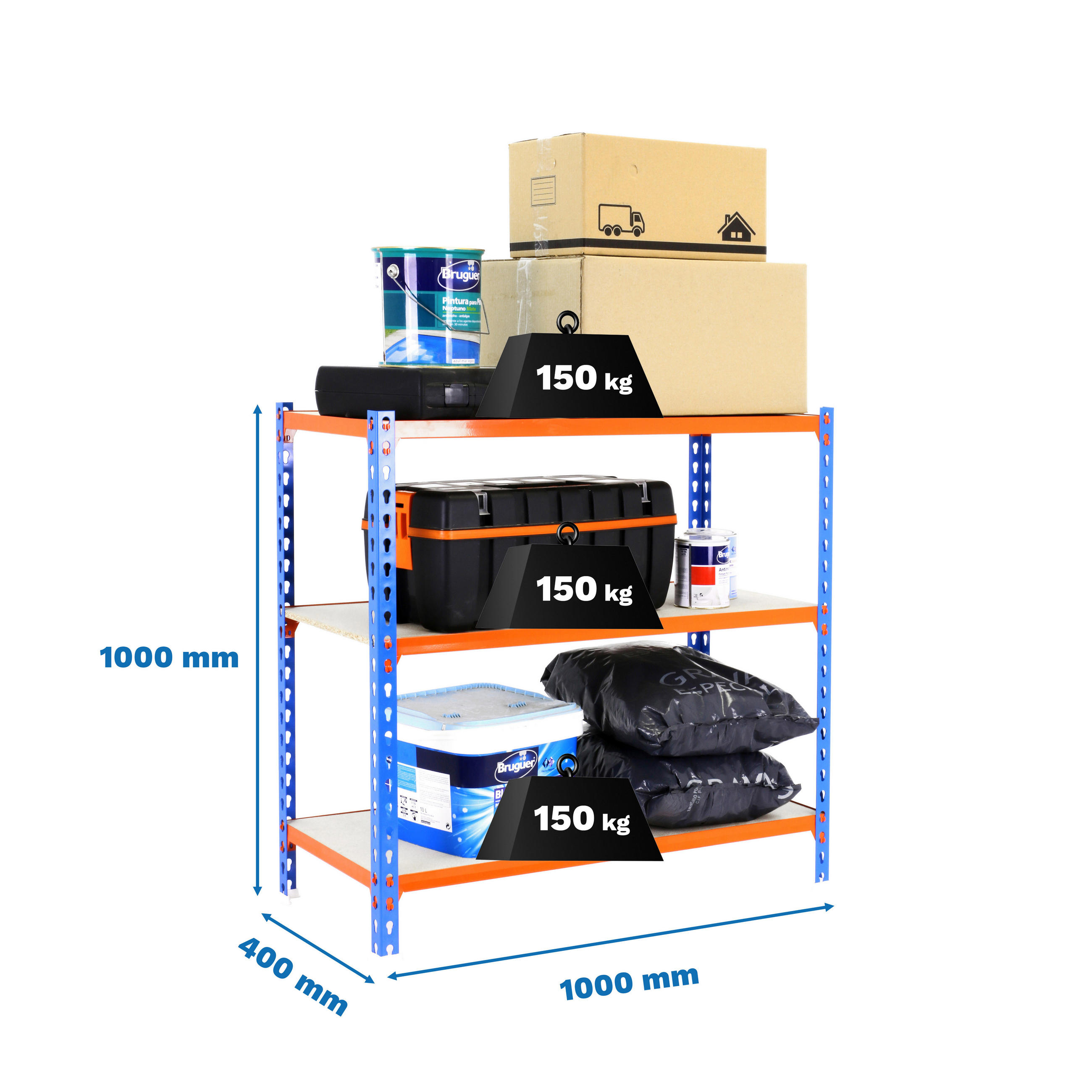 SCHWERLASTREGAL Small Muli HxBxT 100 x 100 x 40 cm 3 Fachböden Fachlast 150 kg Blau-Orange - Gelb, Metall (100/100/40cm) - PROREGAL