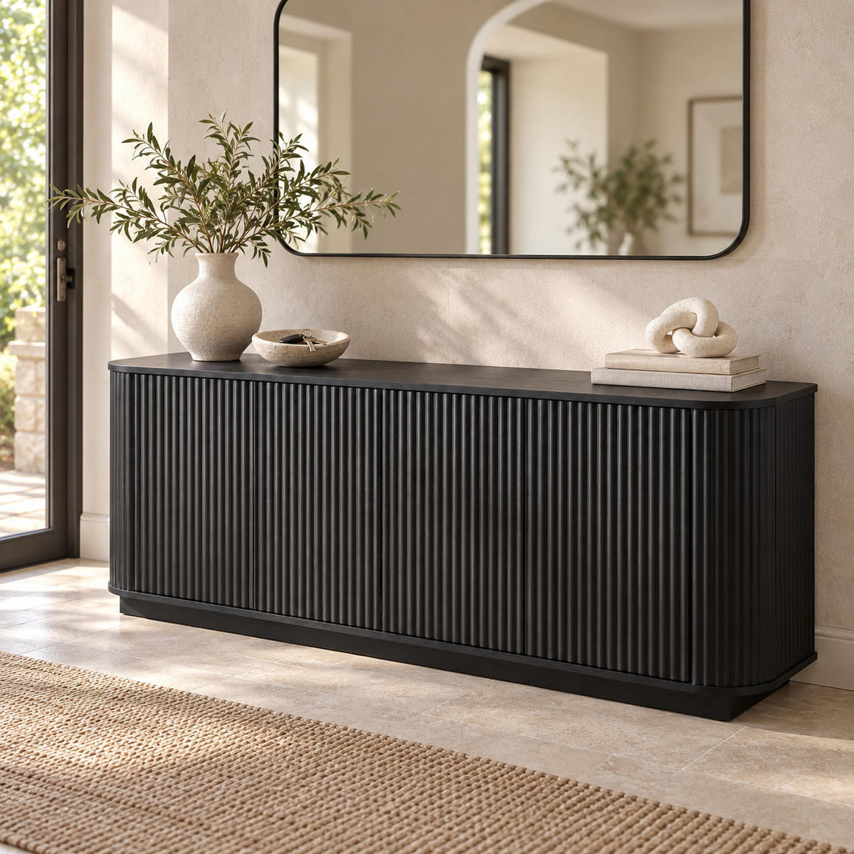 SIDEBOARD aus MDF 162x38x61 cm Schwarz mit 4 Türen und Wellenmuster - Schwarz, Metall (162/61/38cm) - IVMEU