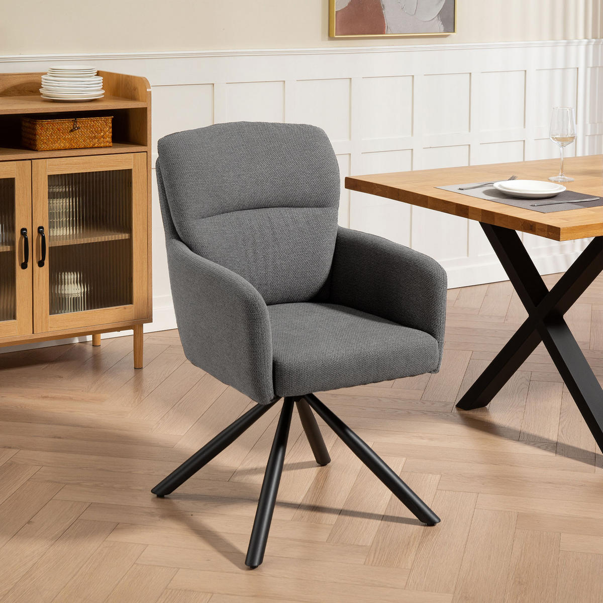 ESSZIMMERSTUHL 360° Drehbar Küchenstuhl mit Leinenbezug, Ergonomisch Grau - Schwarz/Grau, Textil/Metall (63/93/57cm) - HOMCOM