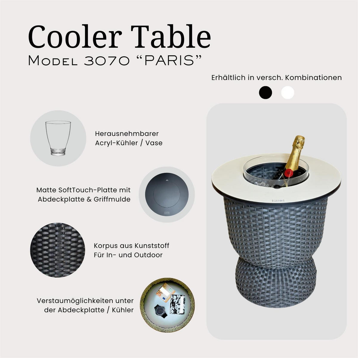 3-IN-1 LOUNGETISCH MIT ACRYL-KÜHLER Paris Schwarz 43 cm - Schwarz, Kunststoff (41/41/43cm) - COOTAB Cooler Table