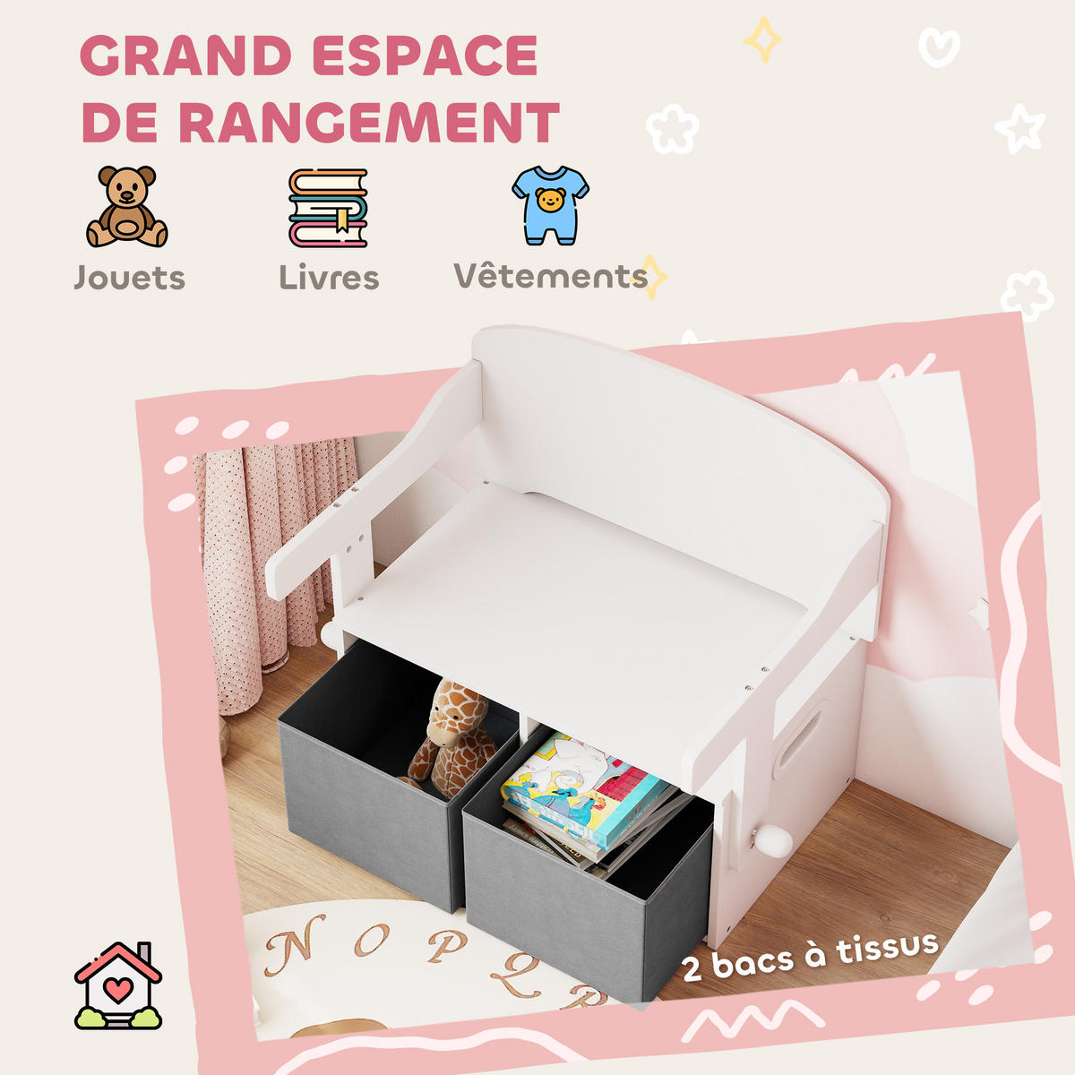 SPIELZEUGTRUHE DE-17273 3-in-1 mit Tisch, Stühlen & Stoffboxen Weiß - Weiß, Metall (46.5/67.6cm) - ComfortXL