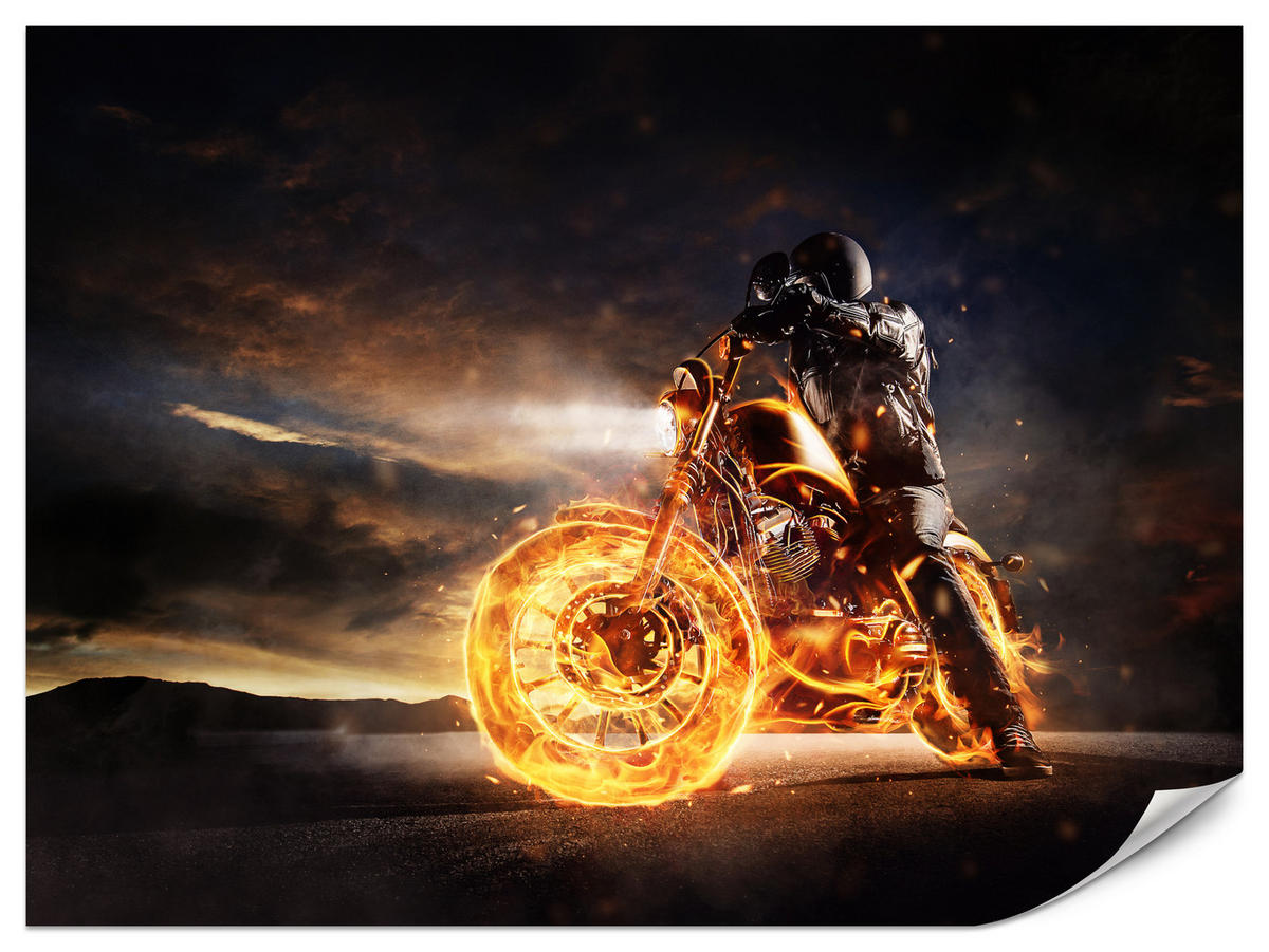 FOTOTAPETE für Jugendzimmer Mann Brennenden Motorrad Sport Nacht 500x350 - Schwarz/Orange, Papier (500/350cm) - Muralo