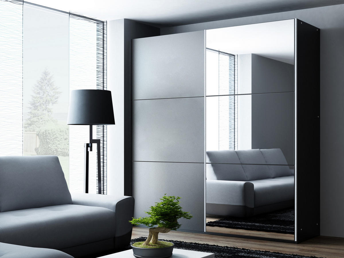 SCHWEBETÜRENSCHRANK IVERN 151/215/65 cm 2-türig mit Spiegel Schwarz - Schwarz, Holzwerkstoff (151/215/65cm) - MASSENO