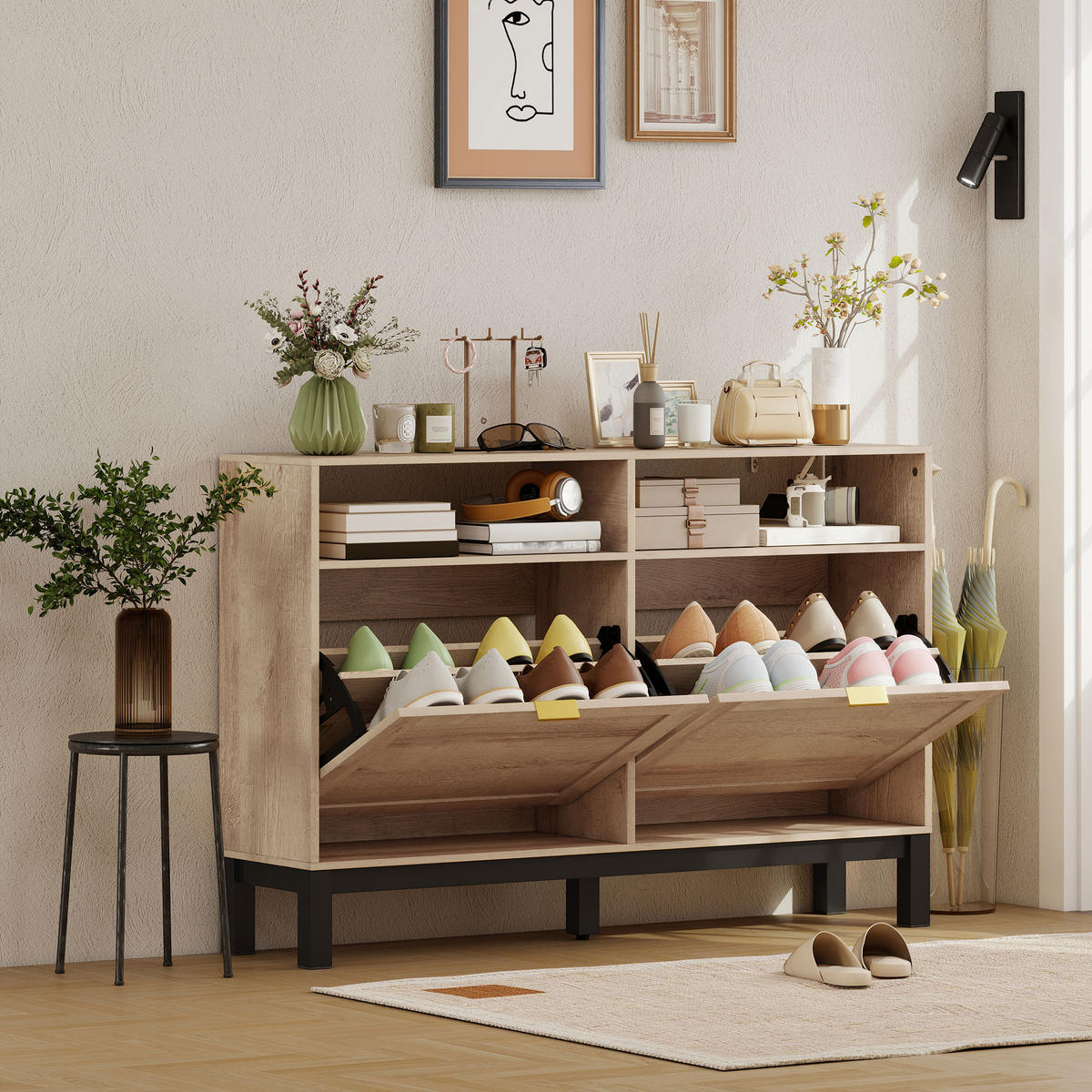 SCHUHREGAL,2 Klapptüren verstellbare Böden für 8 Paar,walnussfarben - Braun, Holzwerkstoff (120/80/29cm) - Vallsero