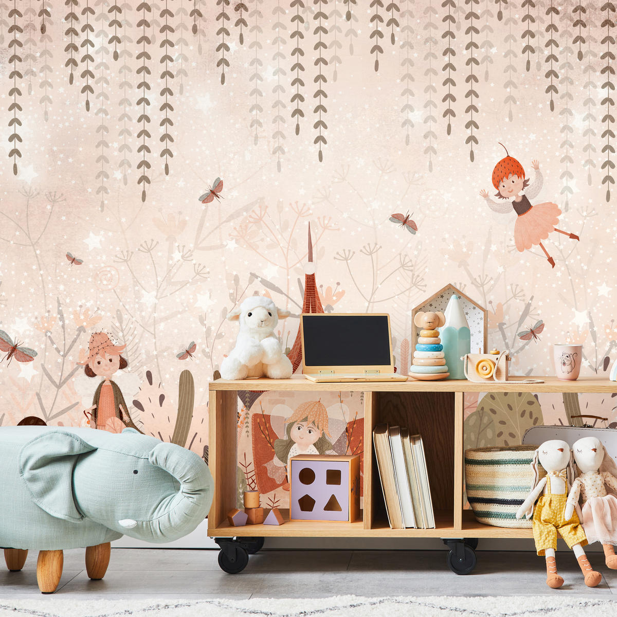 FOTOTAPETE für Kinderzimmer Feen Aquarell Wald Blumen Blätter Boho 150x105 - Beige/Orange, Papier (150/105cm) - Muralo