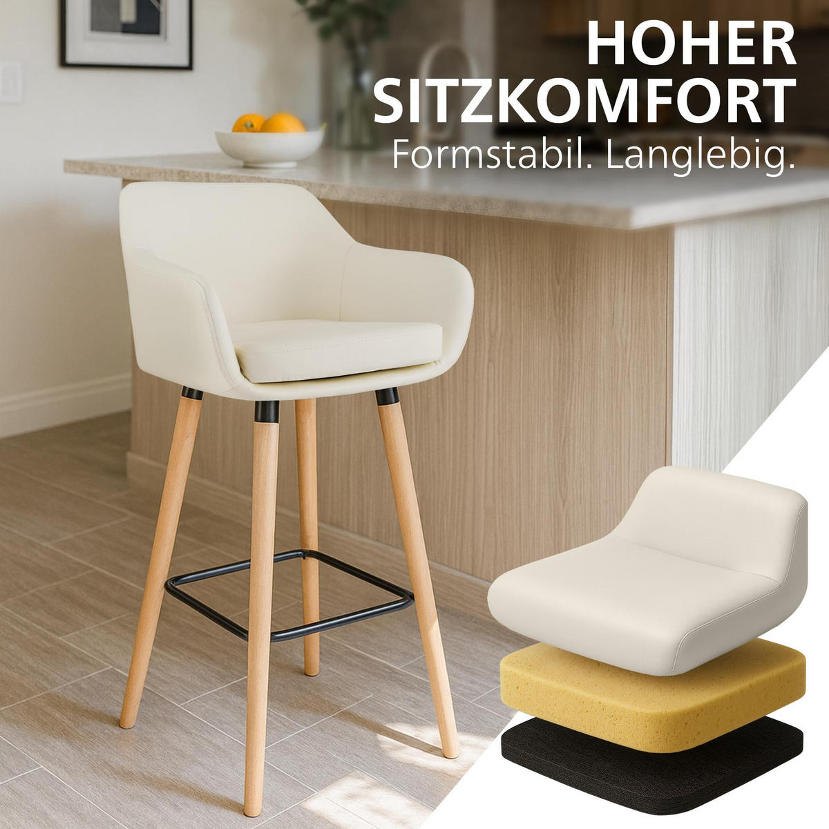 BARHOCKER 2er Set Lederlook Creme - Eukalyptusholzfarben/Creme, Holz/Textil (55/99/46cm) - CLP