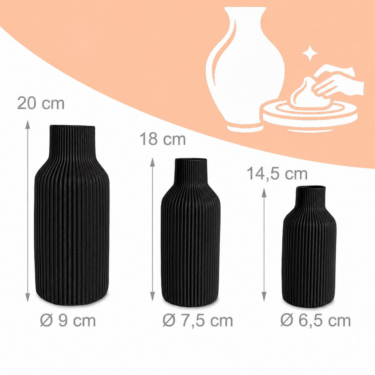 VASER Svarta 3-pack keramik - Svart, Keramik (20cm) - Relaxdays