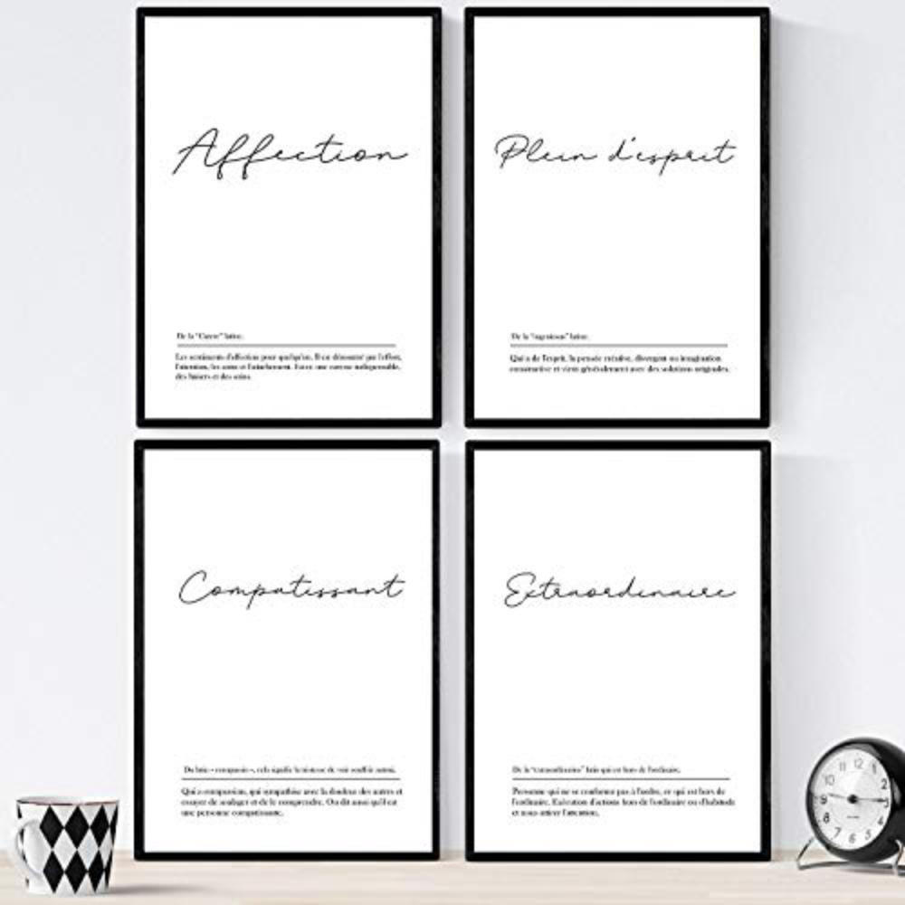 POSTER Set mit 4 Worten auf Französisch A3 Schwarzer Rahmen - Schwarz, Papier (29.7/3cm) - Nacnic