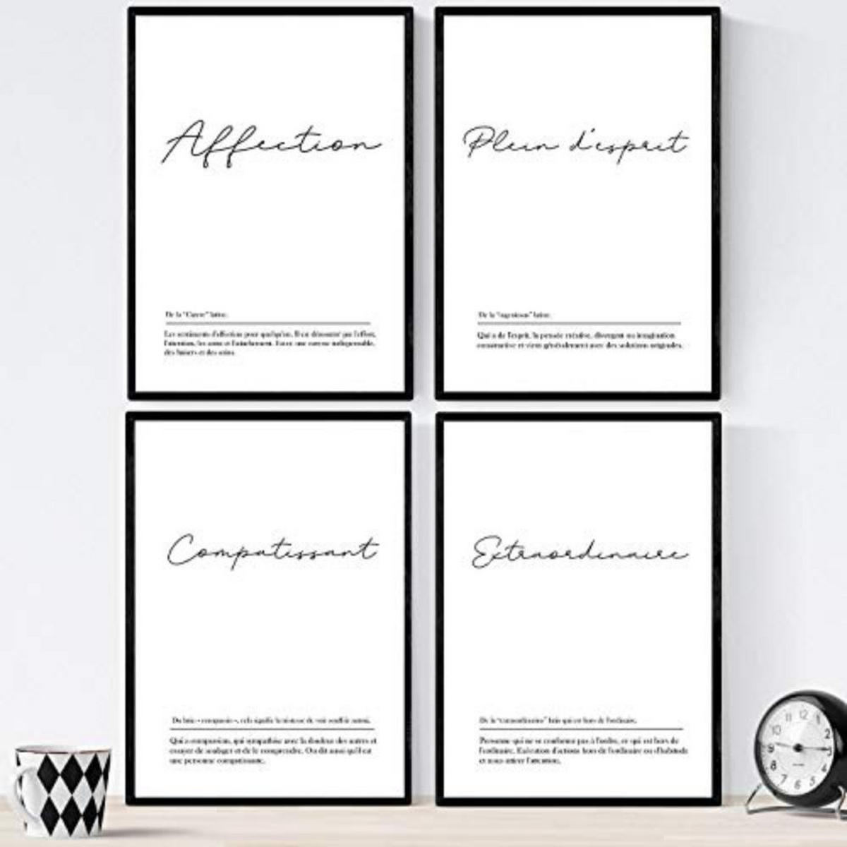 POSTER Set mit 4 Worten auf Französisch A3 Schwarzer Rahmen - Schwarz, Papier (29.7/3cm) - Nacnic