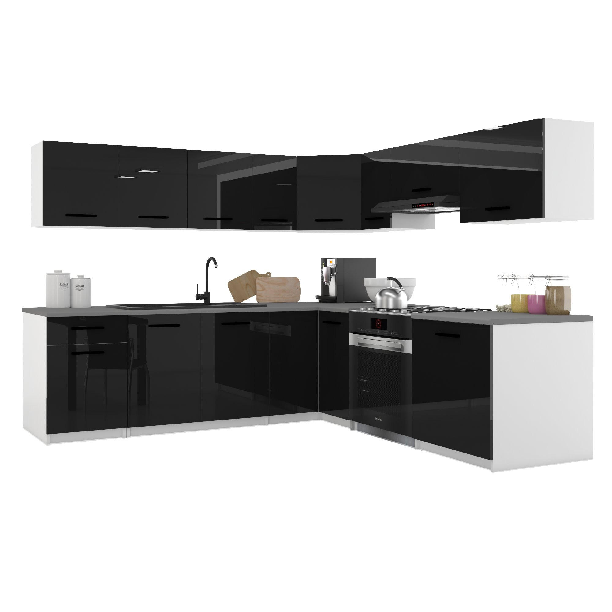 KÜCHENZEILE Italia 7 420 cm , mit Arbeitsplatten, Schwarz - Schwarz, Holz (420/143/60cm) - B BELINI GROUP