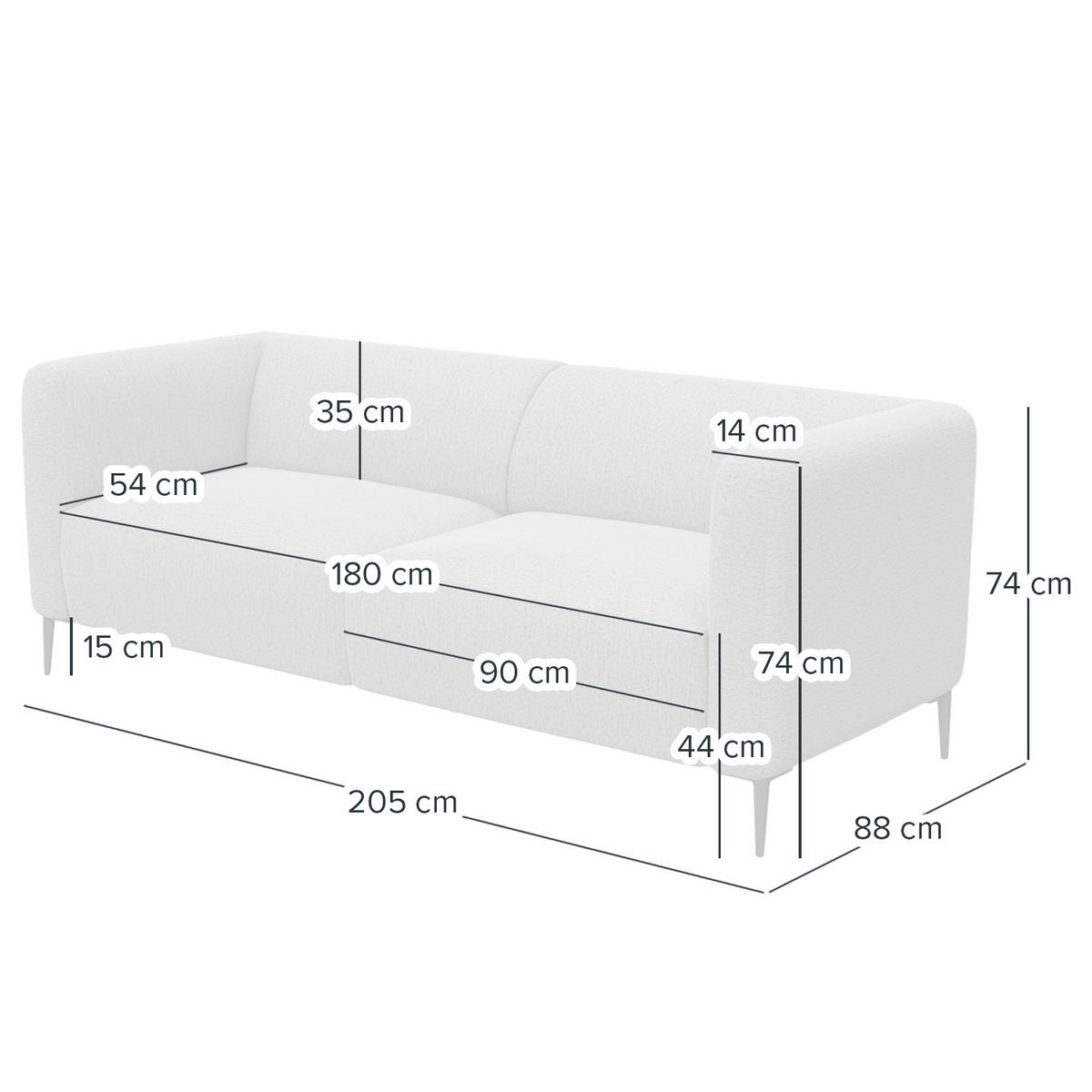3-SITZER SOFA - Schwarz/Grau, Textil/Metall (205/74/88cm) - home24