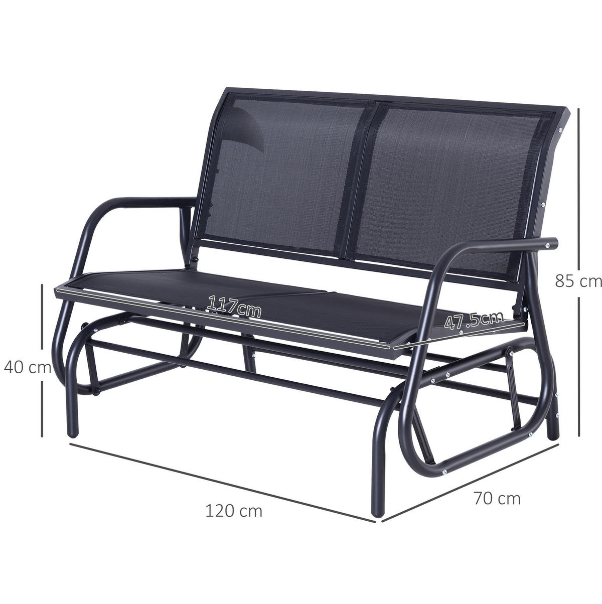 ZÁHRADNÁ hojdacia lavička 120/70/85 cm čierna s hojdacou funkciou pre 2 osoby z kovu - čierna, kov (70/88/120cm) - OKWISH