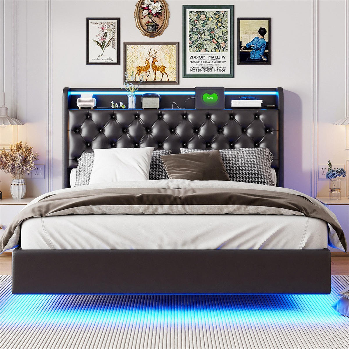 POLSTERBETT 140x200 cm mit LED-Beleuchtung - USB-Anschluss - Kopfteil-Stauraum und hydraulischem Stauraum - Schwarz - Schwarz, Textil (140/200cm) - DELFA