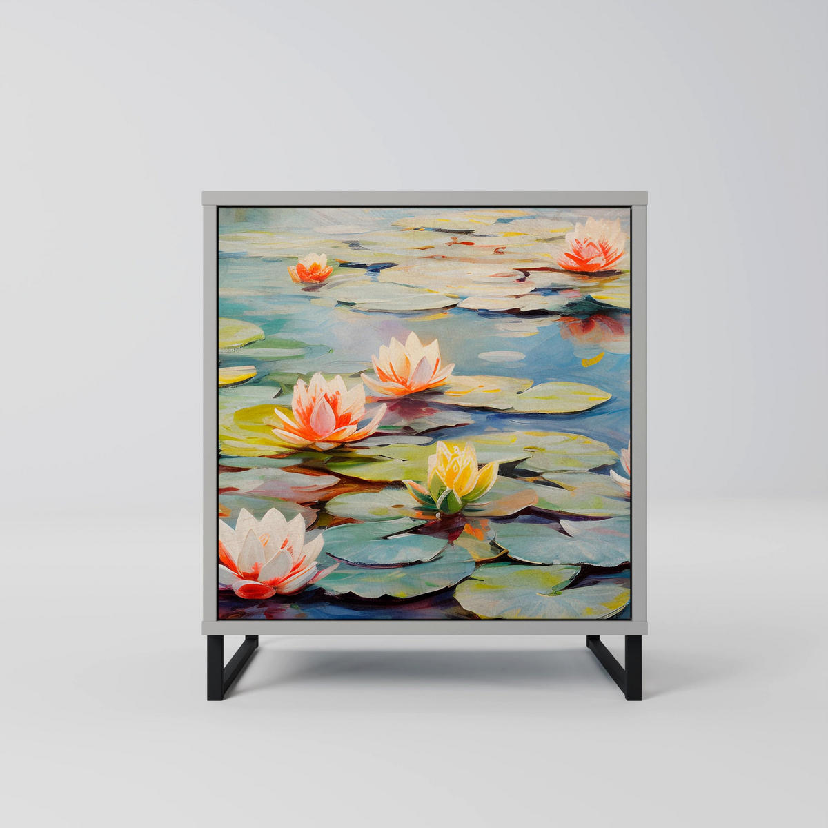 SIDEBOARD BLOOMING WATERS, Grau, 57,5x42x67,5 cm, Schwarze Metall-Rahmenfüße - Multicolor/Schwarz, Holzwerkstoff/Metall (57.5/67.5/42cm) - SpaceRebels