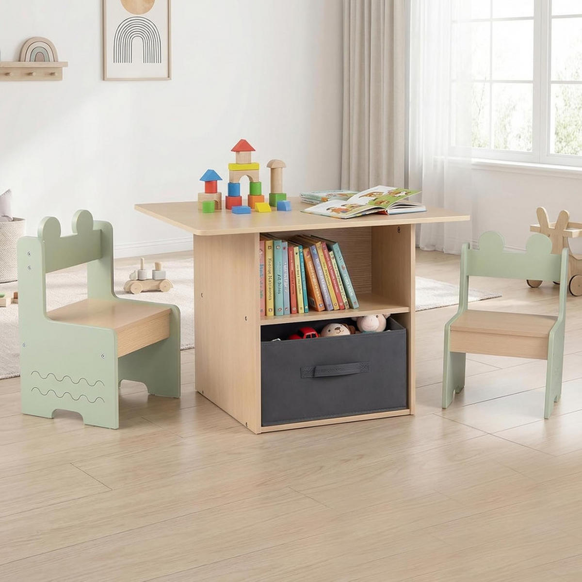 KINDERTISCH mit Stuhl grün(3-tlg) - Grün, Holzwerkstoff (70/49.5/48cm) - COSTWAY