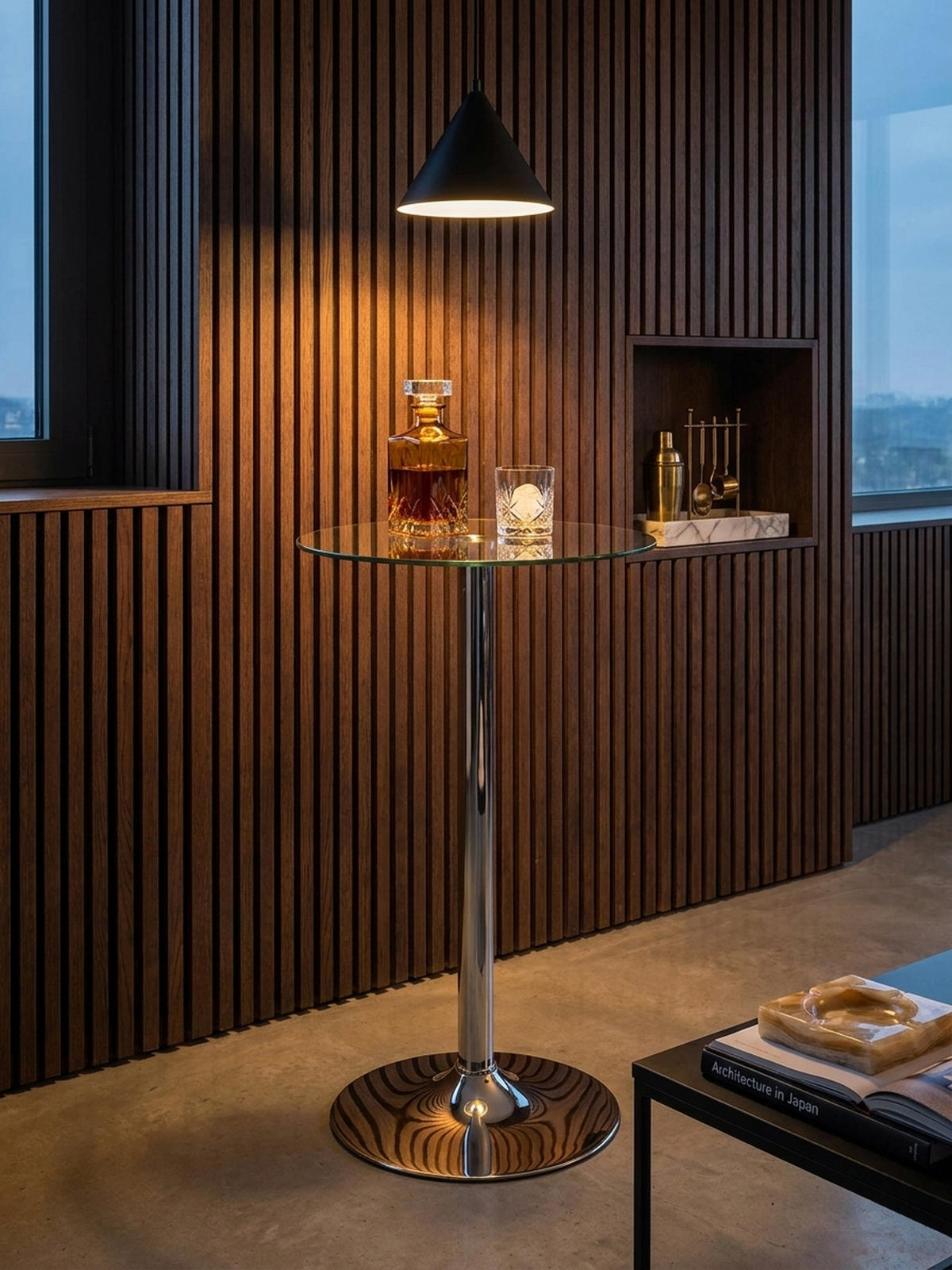 STEHTISCH – Ø 60 cm, Sicherheitsglas, Drehfunktion, Trompetenfuß, Chrom - Silberfarben, Glas/Metall (60/60/105cm) - KADIMA DESIGN