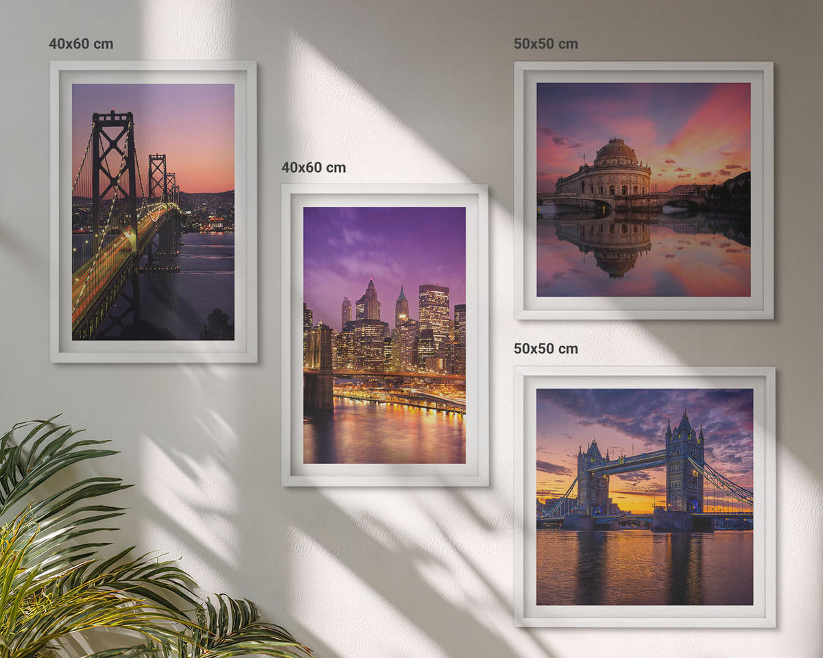 WANDBILDER 4er-Set - 50x50 cm & 40x60 cm Weißer Rahmen - Brücken, Sonne, Stadtblick - Weiß, Kunststoff (50/50cm) - ArtPrintCave