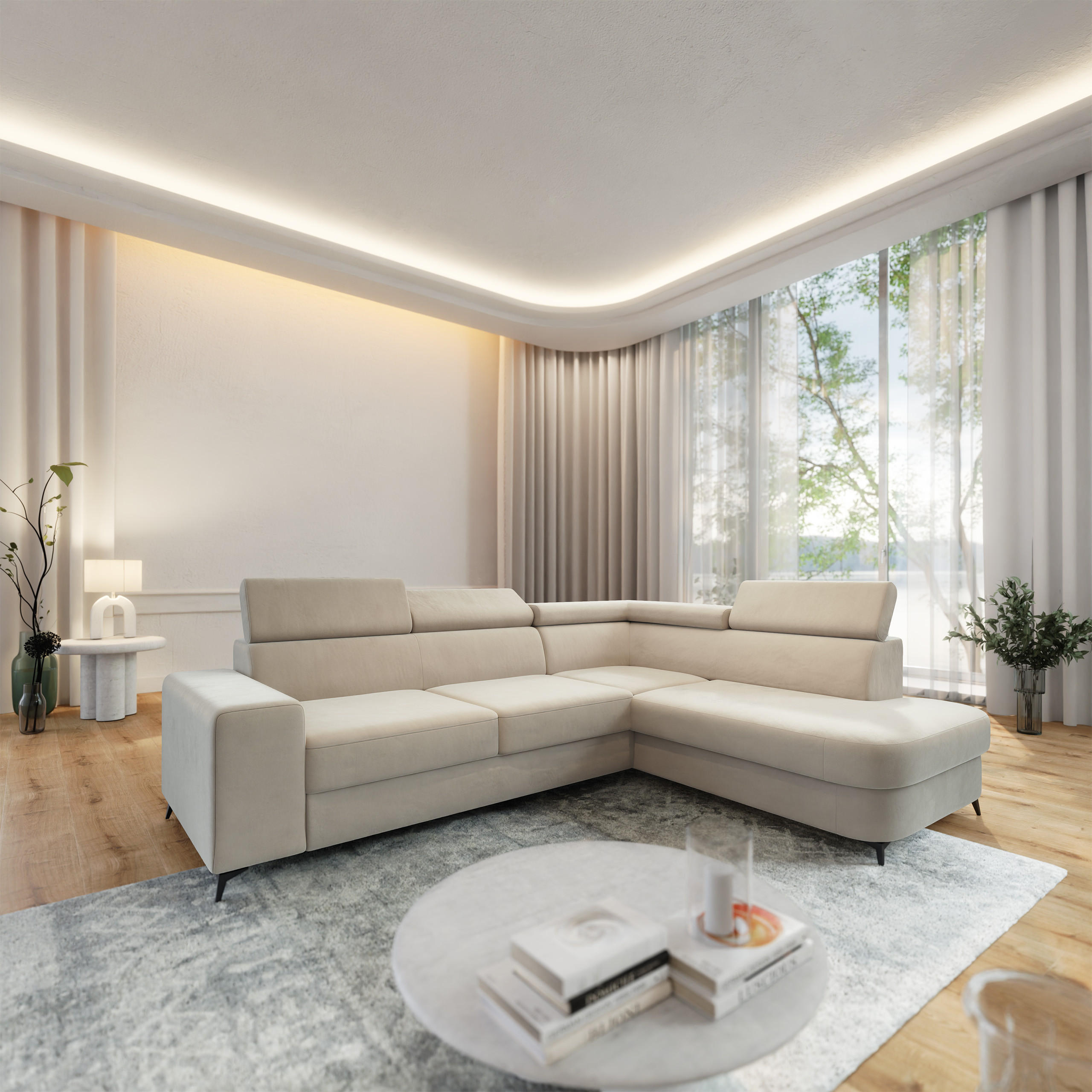 ECKSOFA ALVORO R-S Creme Velours-Stoff mit Schlaffunktion - Creme, Holz (253/190cm) - MASSENO