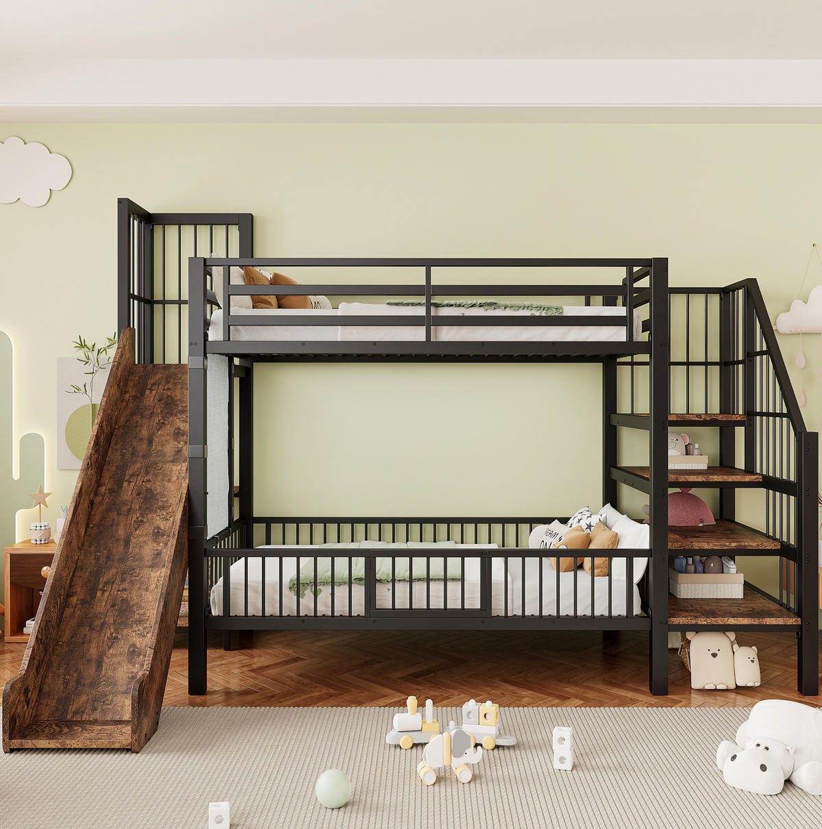 ETAGENBETT aus Metall 90x200 cm in Schwarz mit Rutsche & Stauraumtreppe - Schwarz, Metall (90/200cm) - Modfu
