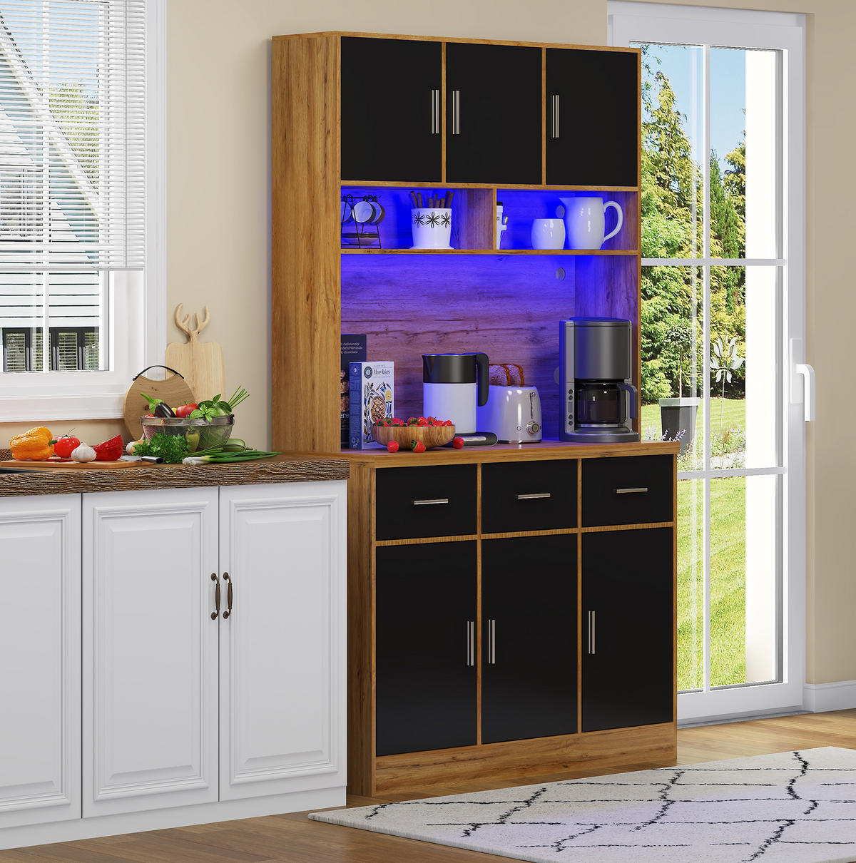 BUFFETSCHRANK aus MDF in Natur/Schwarz mit LED, Steckdosenleiste und Schubladen, 100/40/180 cm, Natur/Schwarz - Naturfarben, Holzwerkstoff (40/180/100cm) - Redom