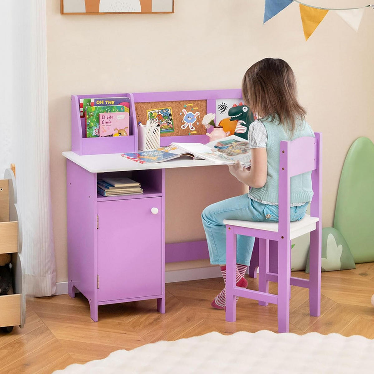 KINDERSCHREIBTISCH mit Stuhl lila(2-tlg) - Lila, Holzwerkstoff (90/85.5/45cm) - COSTWAY