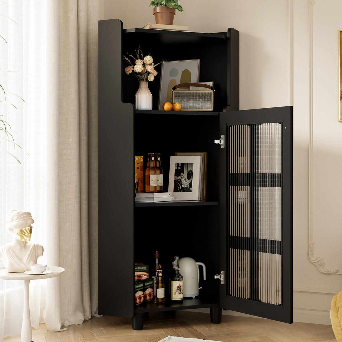 KÜCHENSCHRANK MIT LED 63,5/124/63,5 cm, MDF, Schwarz, APP-GESTEUERTE BELEUCHTUNG, platzsparende Eckkommode für Badezimmer - Schwarz, Holzwerkstoff (63.5/124/63.5cm) - Rolipo