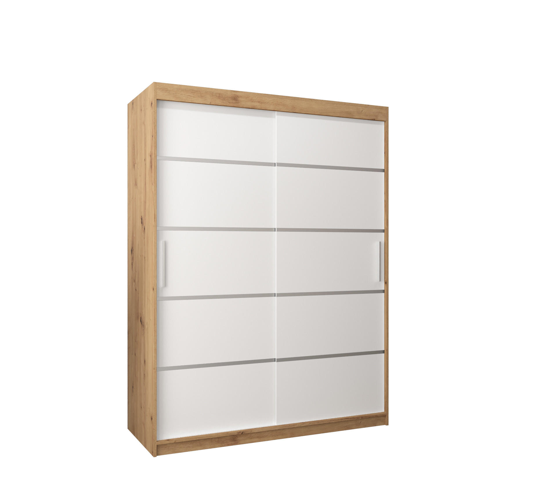 Abiks Möbel SCHWEBETÜRENSCHRANK Eiche Artisan, Weiß, Silber 150cm × 62cm × 200cm