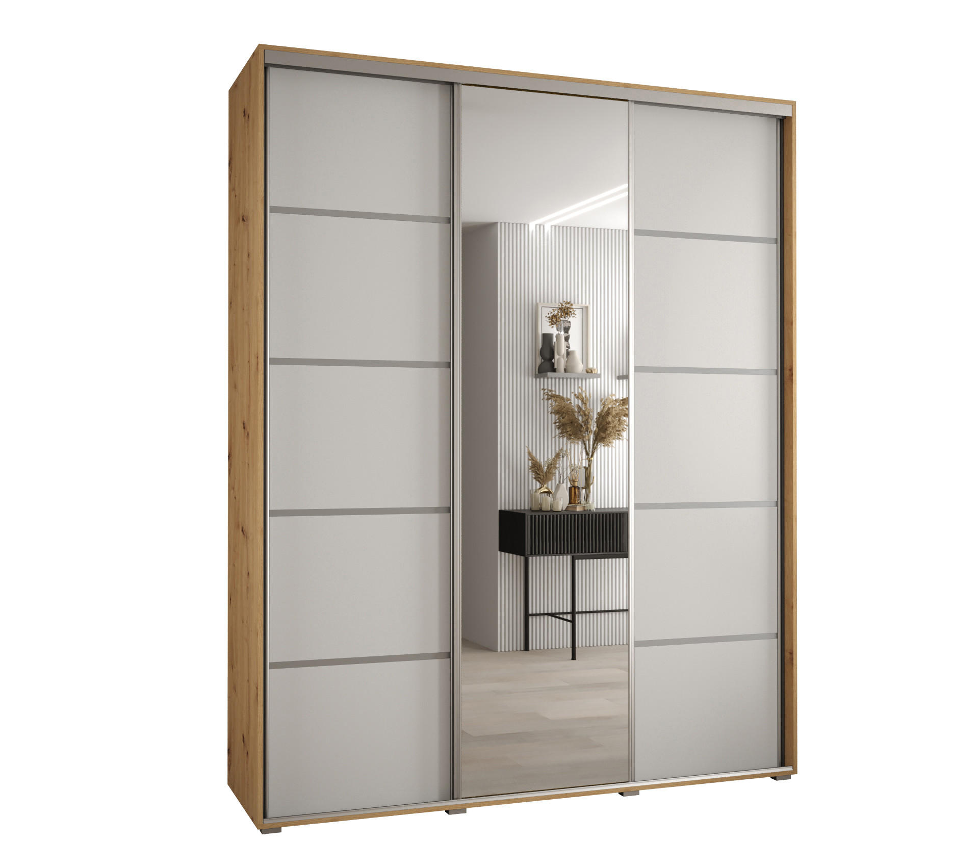 Abiks Möbel Schwebetürenschrank Eiche Artisan, Weiß, Silber 200x235x60 cm
