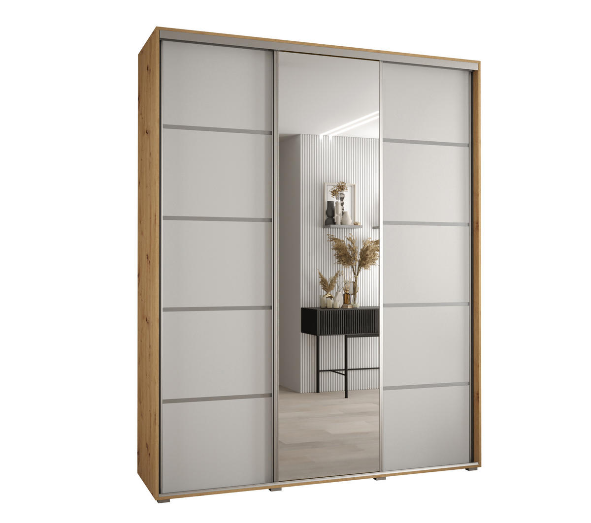 SCHWEBETÜRENSCHRANK 235,2/200/60 3-türig - Silberfarben/Weiß, Holz/Metall (200/235/60cm) - Abiks Möbel