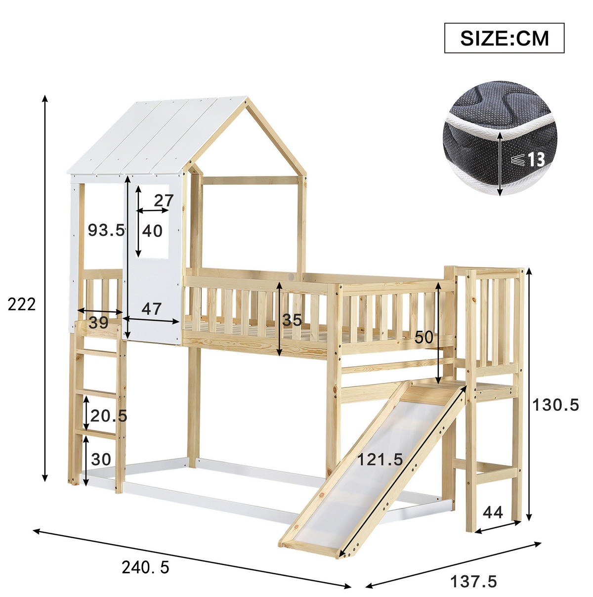 ETAGENBETT Hausbett mit Rutsche, Dach und Fenster, Natur/Weiß, 90/200 cm - Naturfarben, Holz (90/200cm) - MIVRAY