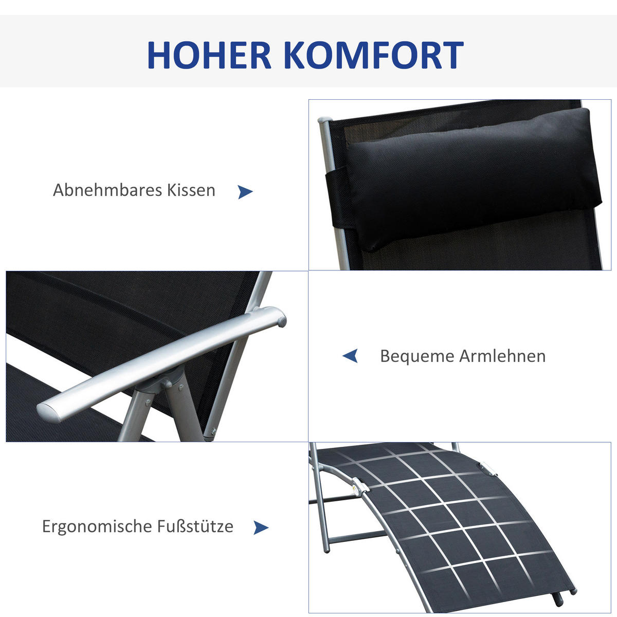 SONNENLIEGE, klappbar mit Kissen, Metall+Stoff, Schwarz, 137 x 63,5 x 100,5 cm - Schwarz, Metall (63.5/100.5/137cm) - Outsunny