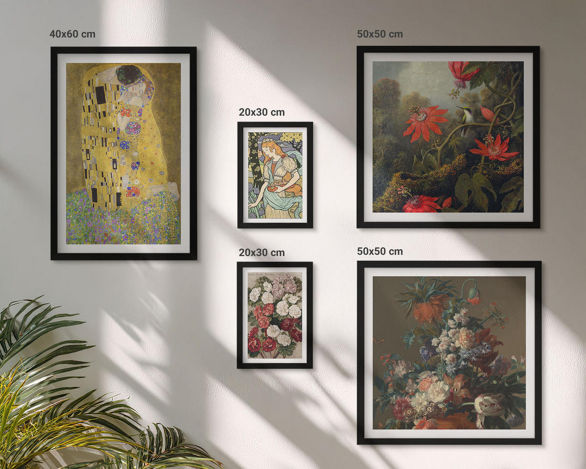 BILDER SET 5er Set - 50x50 cm & 20x30 cm & 40x60 cm Schwarzer Rahmen - Blumen des Baumes (Gemälde von Klimt) - Schwarz, Kunststoff (40/60cm) - TULUP