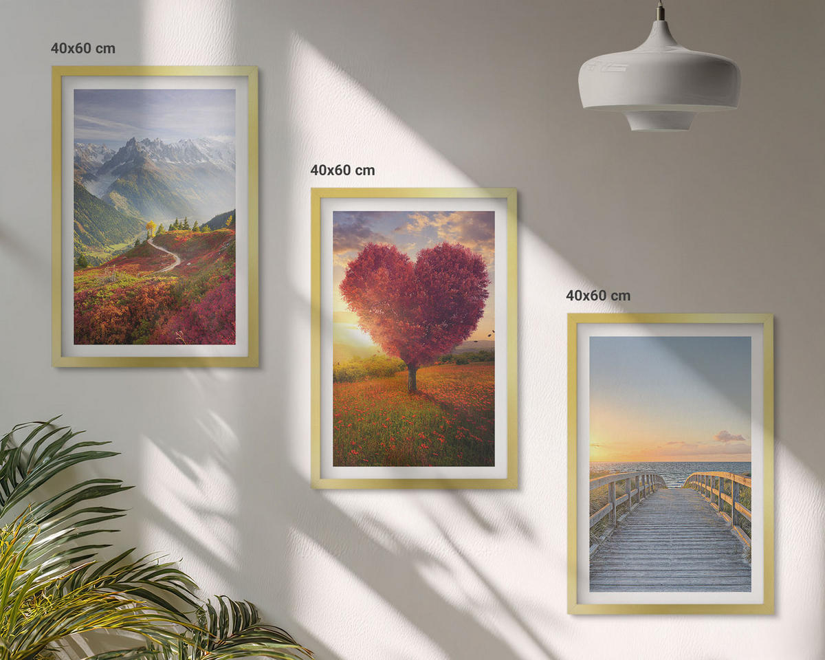 WANDBILDER 3er Set - 40x60 cm Goldrahmen - Landschaften Berge Baum Herz Pier - Goldfarben, Kunststoff (40/60cm) - ArtPrintCave