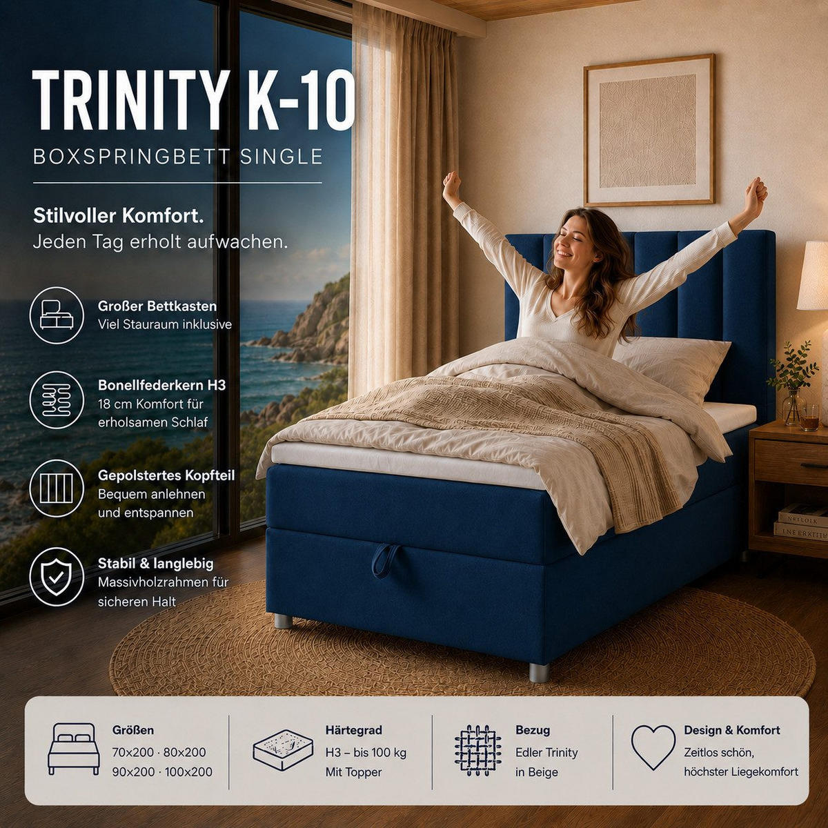 BOXBETT mit Bettkasten Trinity K-10 SINGLE Bonellfederkern inkl. Topper - Blau, Holz/Holzwerkstoff (90/200cm) - Best For Home