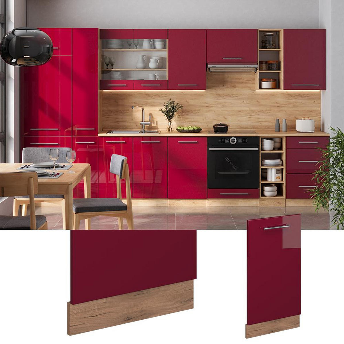 ČELNÍ PANEL MYČKY Fame-Line Bordó červená vysoký lesk 45 cm bez pracovní desky - medově dubová/bordeaux, kompozitní dřevo (45/81.8/1.6cm) - Vicco