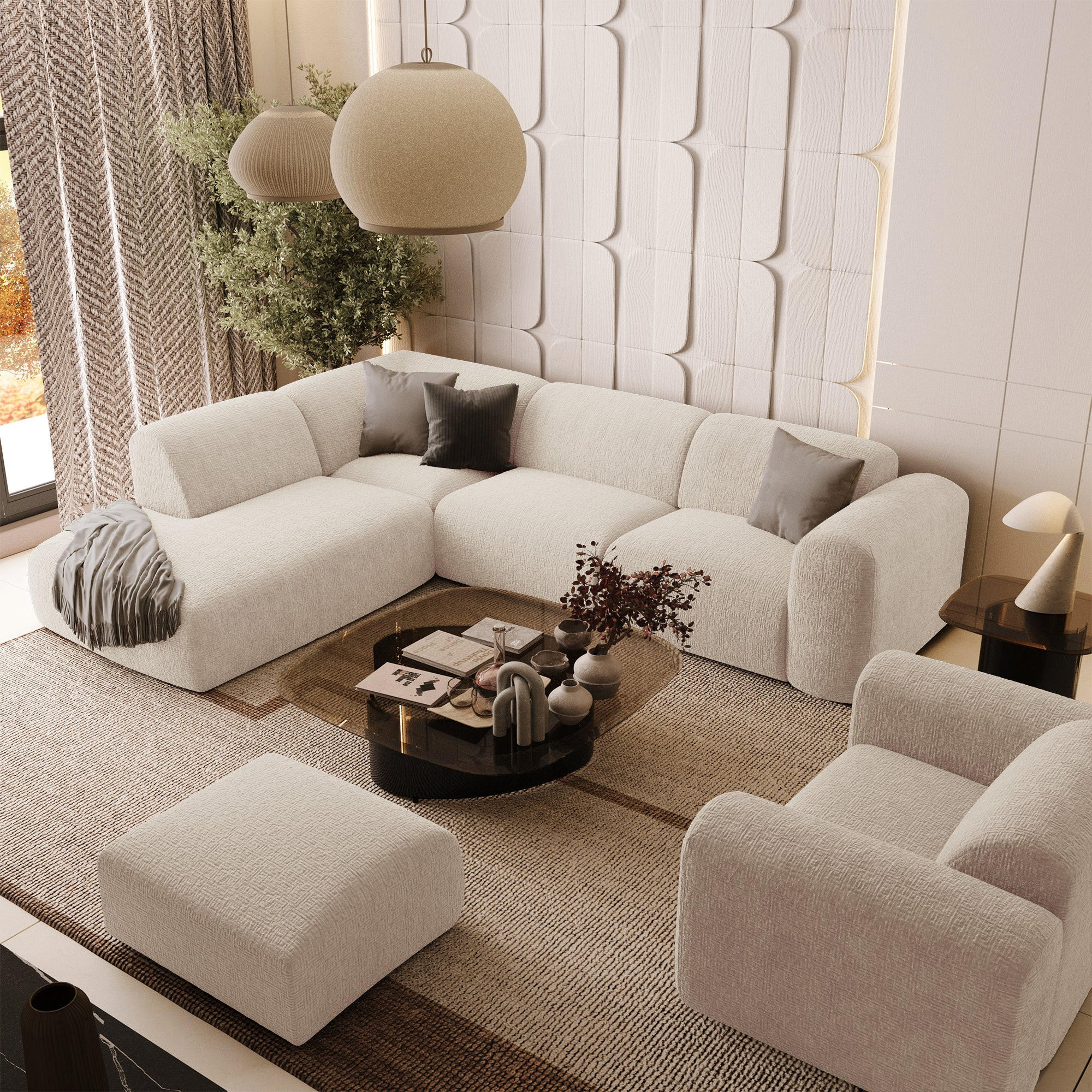 ECKSOFA LINKS Gemusterter Samt Creme 269cm - Creme, Textil (221/269cm) - Sia Home