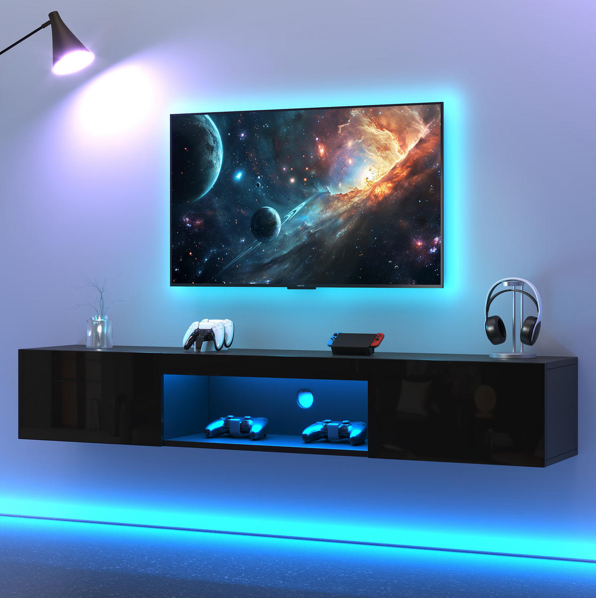 TV-ELEMENT wandhängend 160 cm Hochglanz Schwarz mit LED - Schwarz, Holzwerkstoff (31/22/160cm) - Beauniv